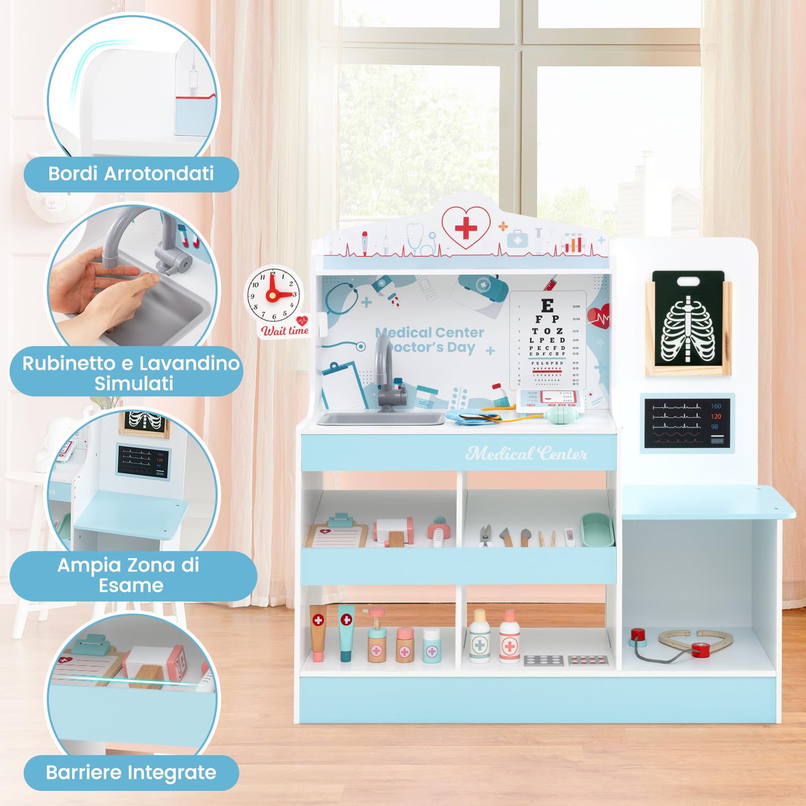 RELAX4LIFE Set da Gioco Dottore in Legno, Attrezzo Medico Giocattolo con Tetoscopio, Tabella Oculistica e Monitor ECG, Giocattolo Educativo per Bambini 3+ Anni (Blu)