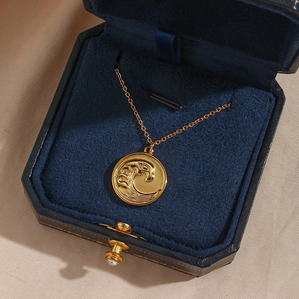 Sea Wave Round Coin Pendant Necklace Stainless Steel 18k Golden Plated Engraved Cameo Circle Disc Necklaces for Women Fashion Birthday Jewelry Gifts Adjustable Chain - Image 4