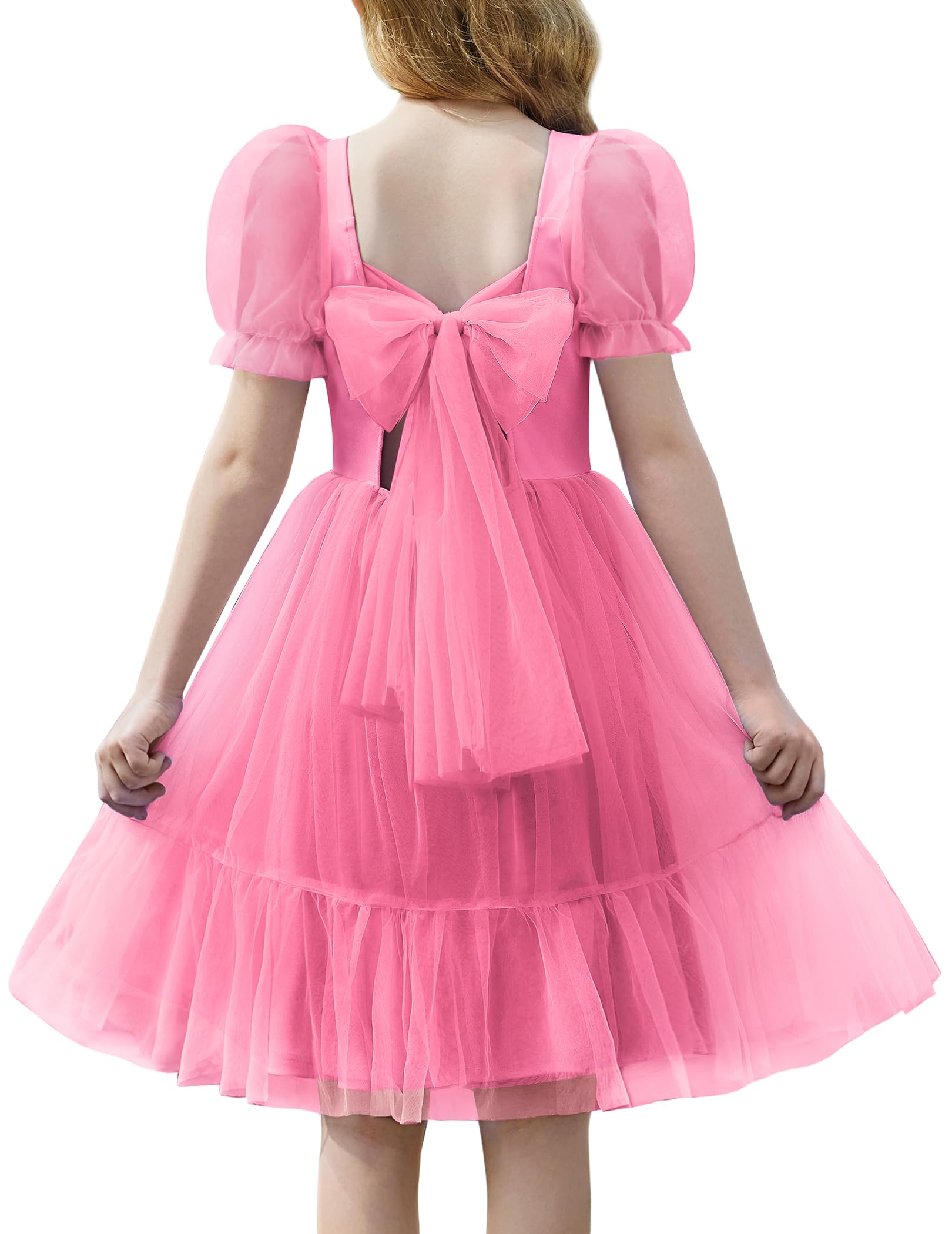 Arshiner Girls Dresses Tulle Bow Tie Back Puff Sleeve Party Holiday Spring Summer Dress for 6-16