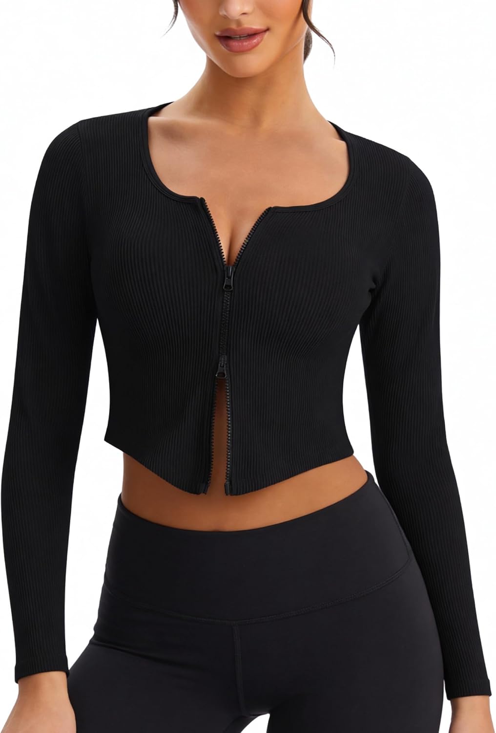 Workout Jackets for Woman Long Sleeve Workout Tops Double Zip Up Running Gym Athletic Cropped Shirts