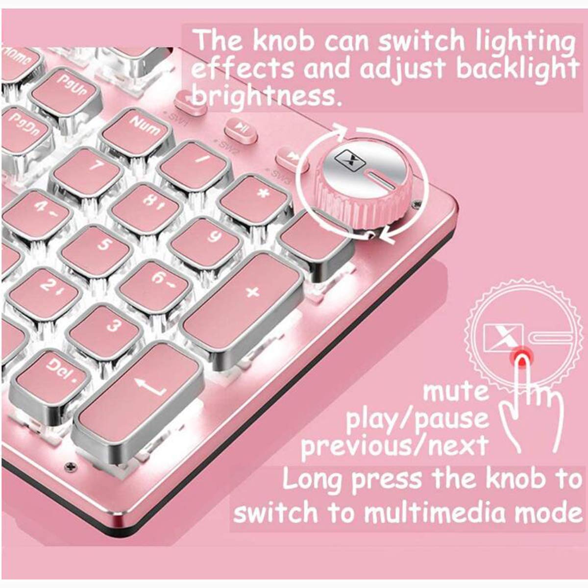 Teclado para juegos, retroiluminado de metal, retro, punk, interruptores azules, cable USB para PC, laptop, computadora de escritorio, gamer, teclado mecánico rosa, polvo de cerezo blanco