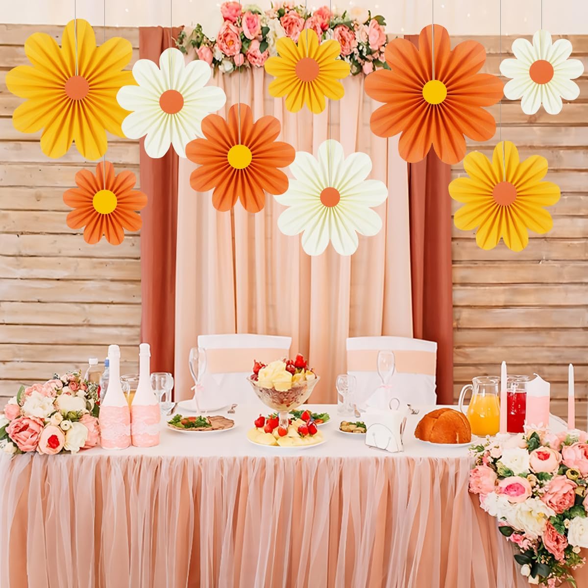 DODOKIM Paper Fans Party Decorations Paper Flowers Decorations for Wall Floral Backdrop Classroom Baby Shower Birthday Party Flower Wall Decor Pack of 9 Orange Yellow Ivory