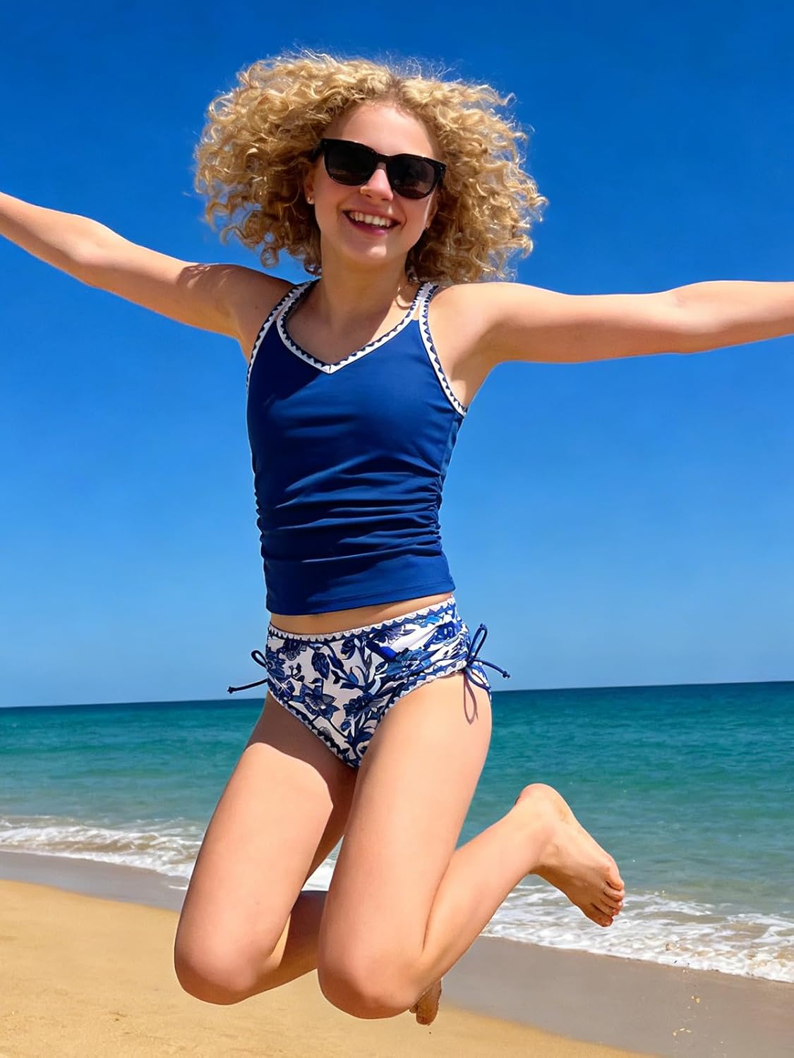 Girls Swimsuit Contrast Trim Tankini Swimsuit Solid Color 2 Piece Teen Bathing Suit Modest Swimwear+Drawstring 9-16Y