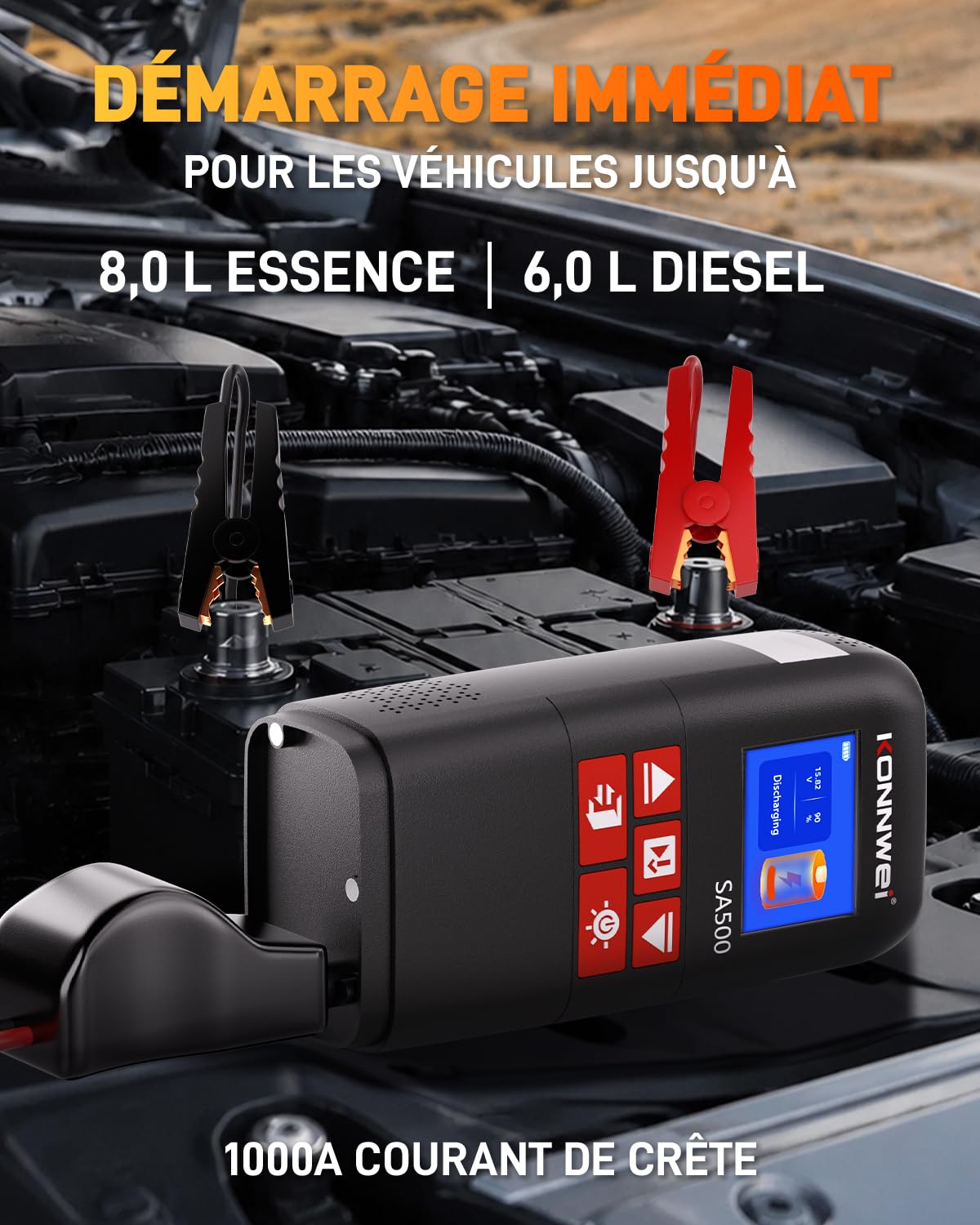 KONNWEI SA500 Booster Batterie Voiture avec Gonfleur, 4-en-1 Démarreur Batterie Voiture, Gonfleur Pneus Voiture 150 PSI avec Compresseur à Air Portatif, pour Essence 8L et Diesel 6L, LED SOS