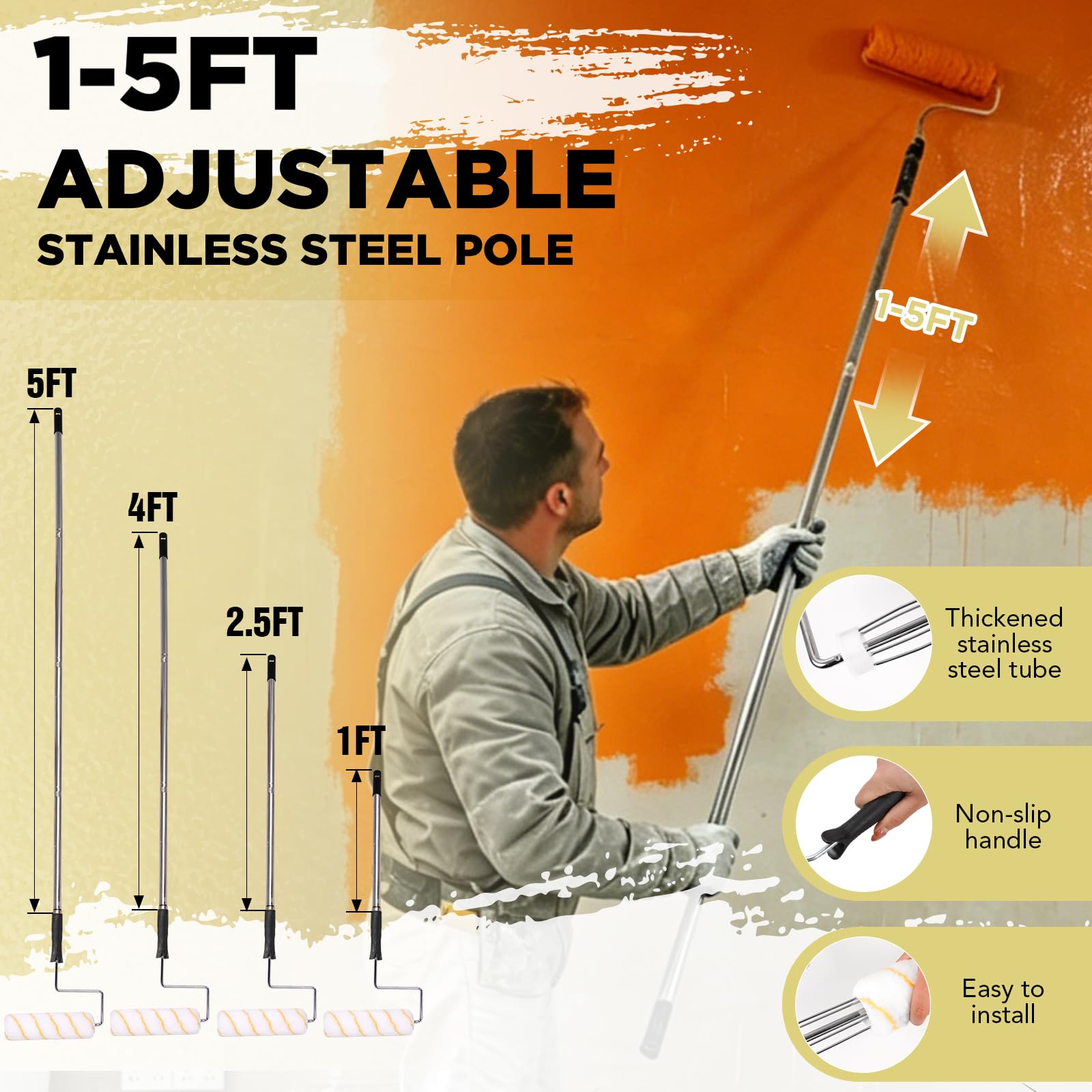 Kit de 33 rodillos de pintura con poste de extensión de 4 secciones, bandejas de rodillos de 9 pulgadas, asas resistentes, rodillos de pintura de microfibra, pinceles, paño de caída, herramientas de