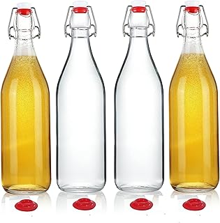 STR 32 oz Clear Glass Bottles with Airtight Silicone Stopper โ Set of 4 Reusable Bottles for Kombucha, Beer, Kefir, Fermen...