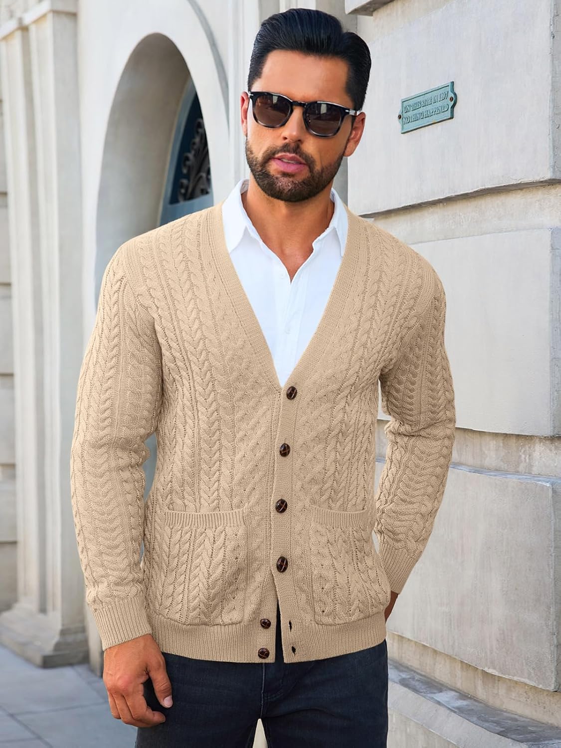 Runcati Mens Cardigan Sweater Casual Cable Knitted V Neck Button Down Winter Sweaters - Image 3