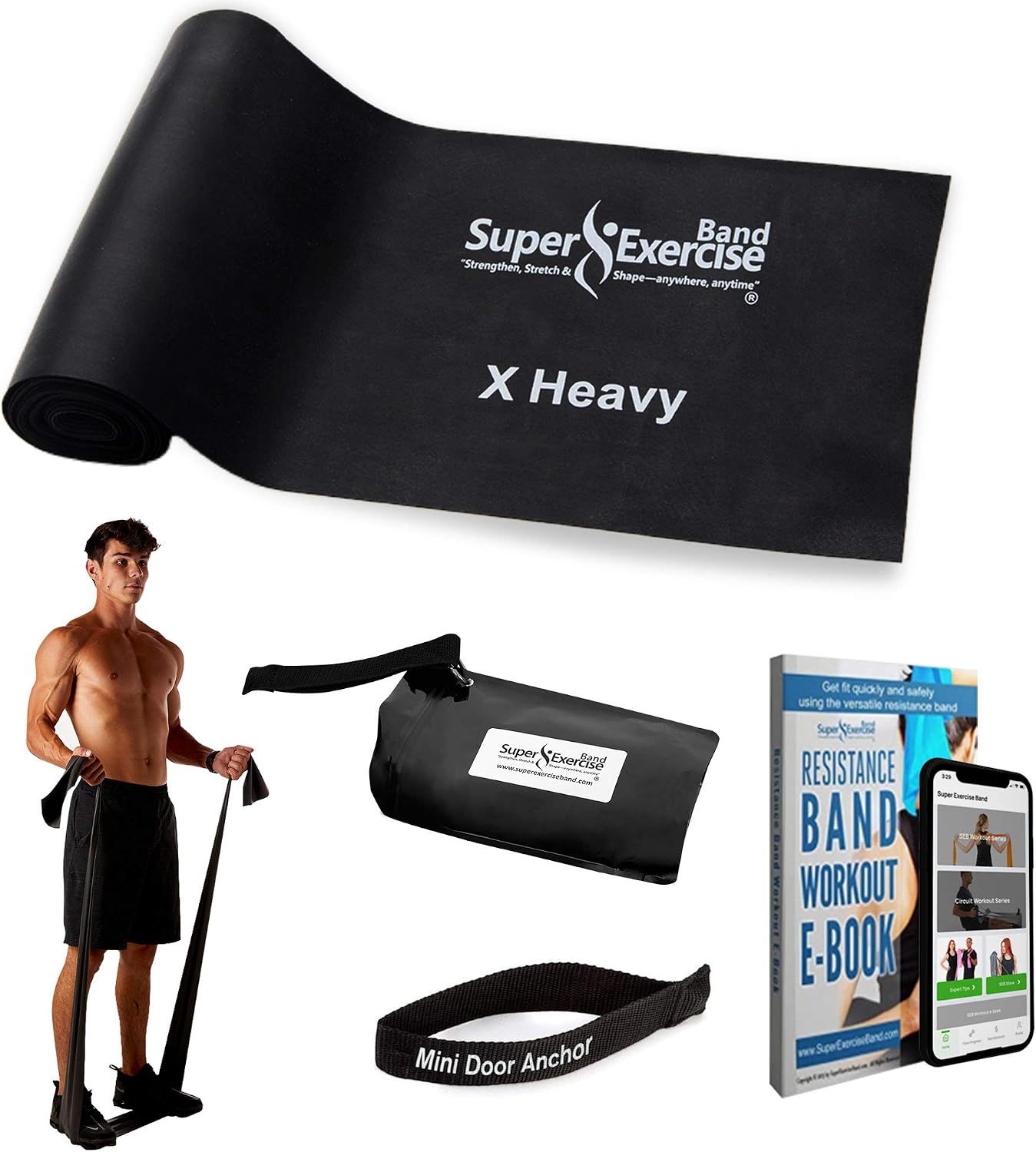 7 Ft. Long Resistance Band with Carry Pouch and Resistance Band Door Anchor, Latex-Free, Includes Home Workout App and Ebook, Choose Light, Medium or Heavy Strength - Super Exercise Band