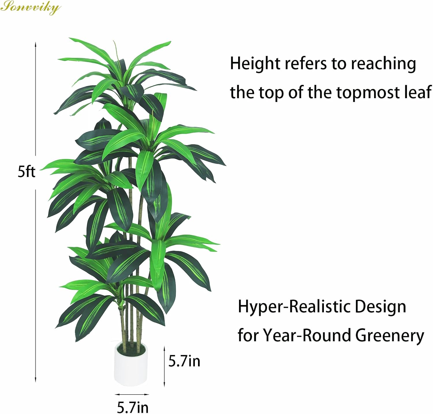 Artificial Dracaena Tree - 5ft Tall Fake Tree for Home Decor Indoor - Realistic Faux Floor Plant with Lifelike Leaves & Resin Trunk - Artificial Plants Indoor for Living Room, Office Sonvviky