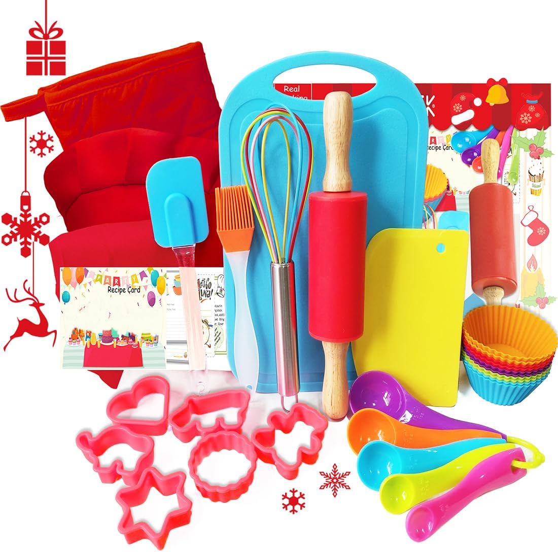 Kids Baking Set Real Cooking Kit Supplies with Apron, Chef Hat, Oven Mitt, Recipes and Kitchen Accessories Tools for Toddler Dress Up Kids Gift