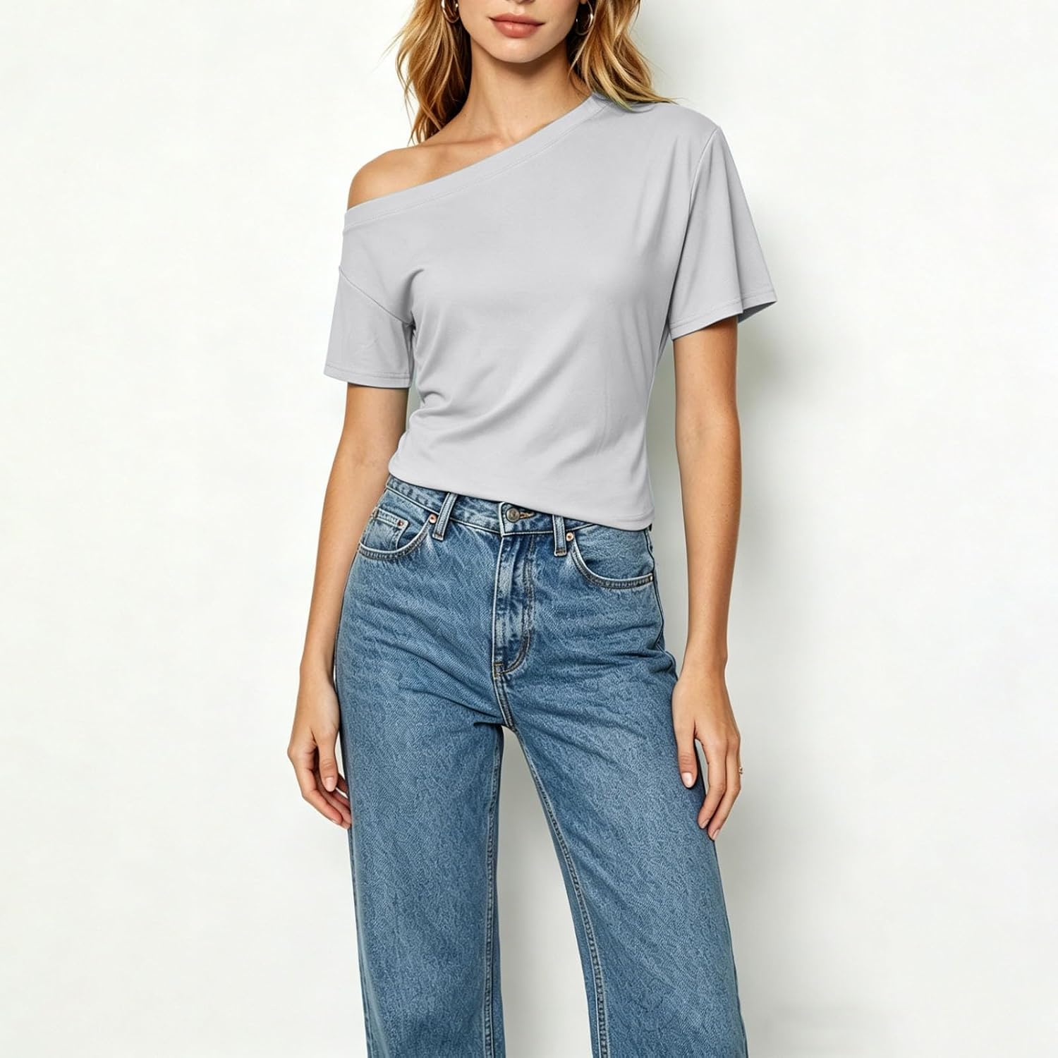 Women's One Shoulder Short Sleeve Tops Summer Casual Going Out Trendy Y2k T Shirts Solid Color Loose Fit Blouses