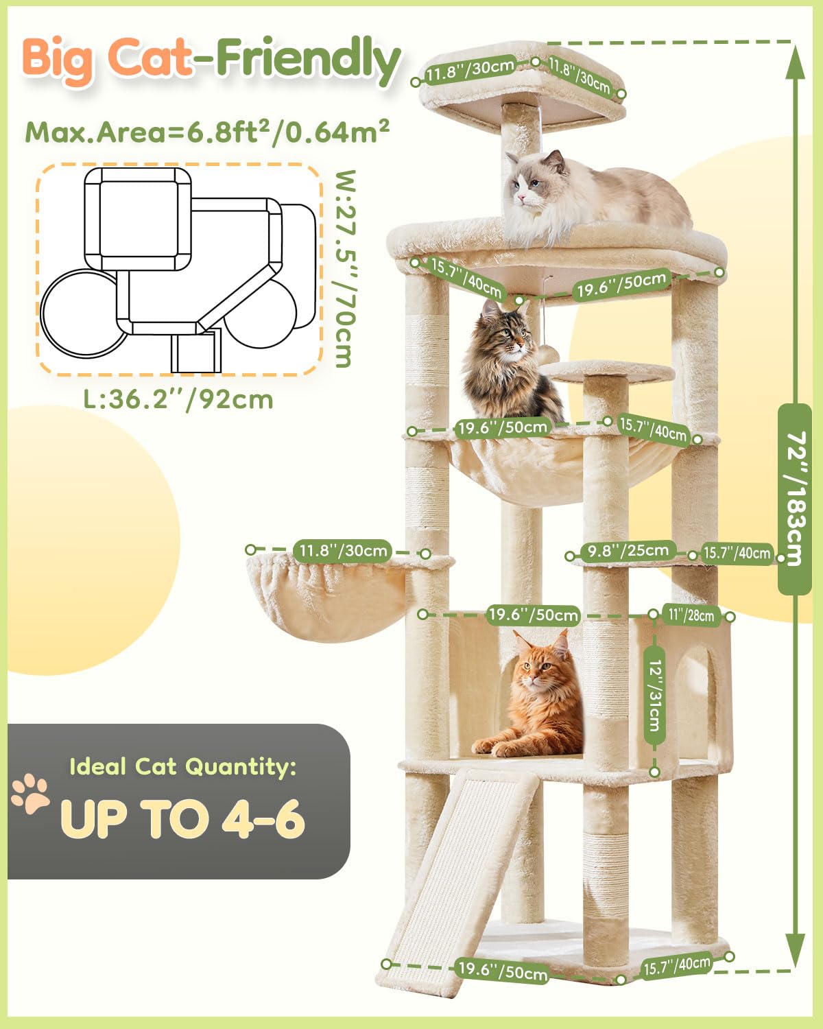 Taoqimiao Arbre à Chat 183 cm pour Grands Chats, Niche Large, Grand Panneau à griffer, 5 poteaux à griffer, hamac à Cadre métallique, Panier Confortable, MS045M Beige