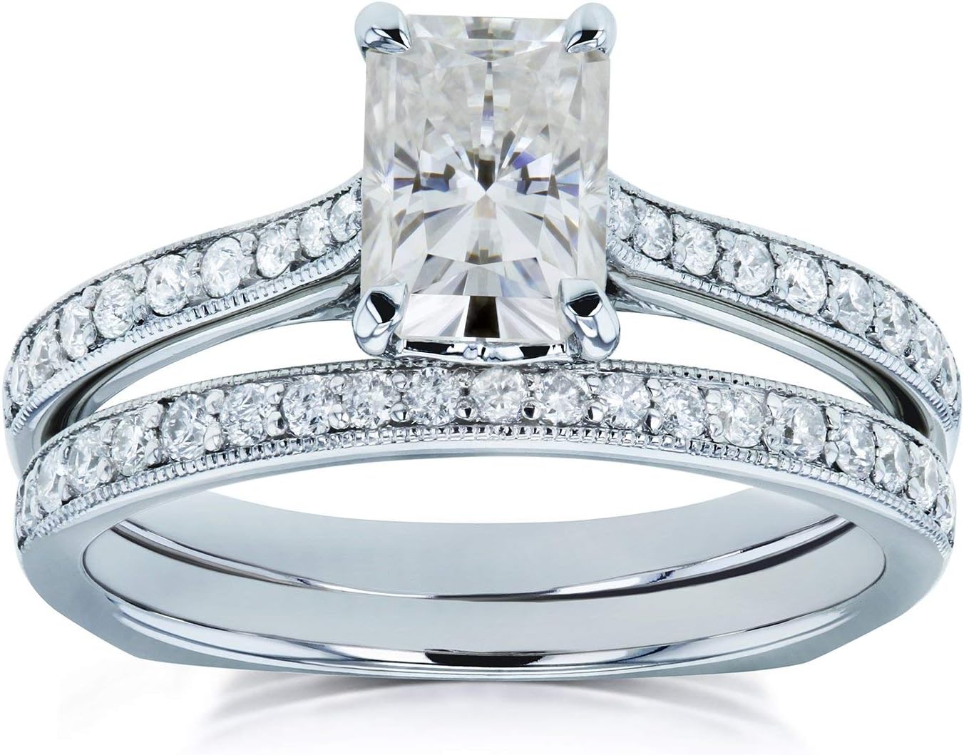 Kobelli Radiant Moissanite Square Shank Trellis 2-Piece Bridal Rings Set 1 3/5 TCW 14k White Gold