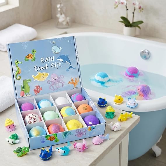 Bath Bombs for Kids with Toys Inside 12 Pack Natural Bath Bomb Kids with Surprise Toys Sea Creature Themed.