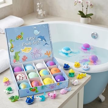 Bath Bombs for Kids with Toys Inside 12 Pack Natural Bath Bomb Kids with Surprise Toys Sea Creature Themed.