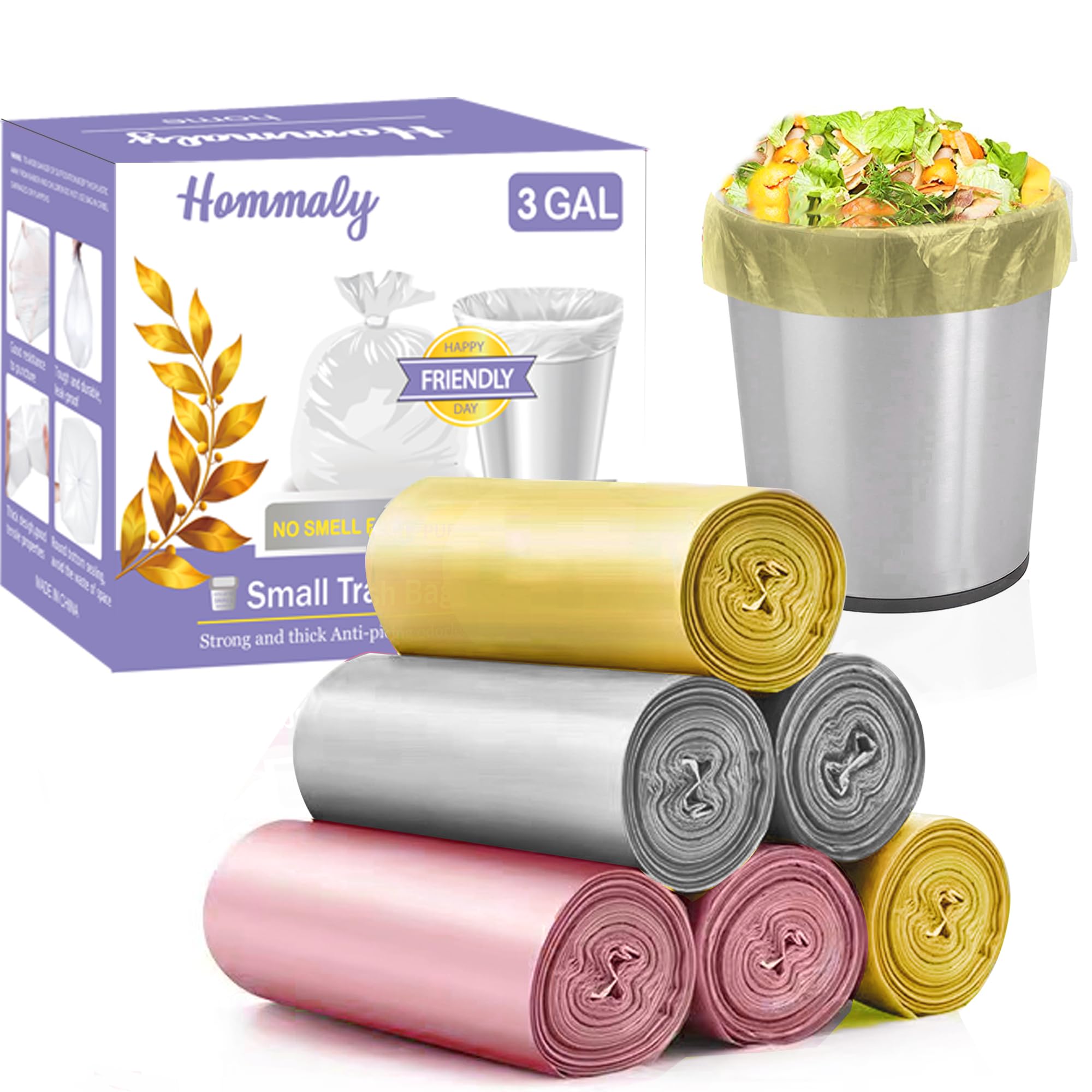 3 Gallon 180pcs Small Multi Trash Bags Strong Pink Grey Gold Garbage Bags,Plastic Bathroom Trash Can Bin Liners Unscented,Waste Basket Liner Fit 10-13