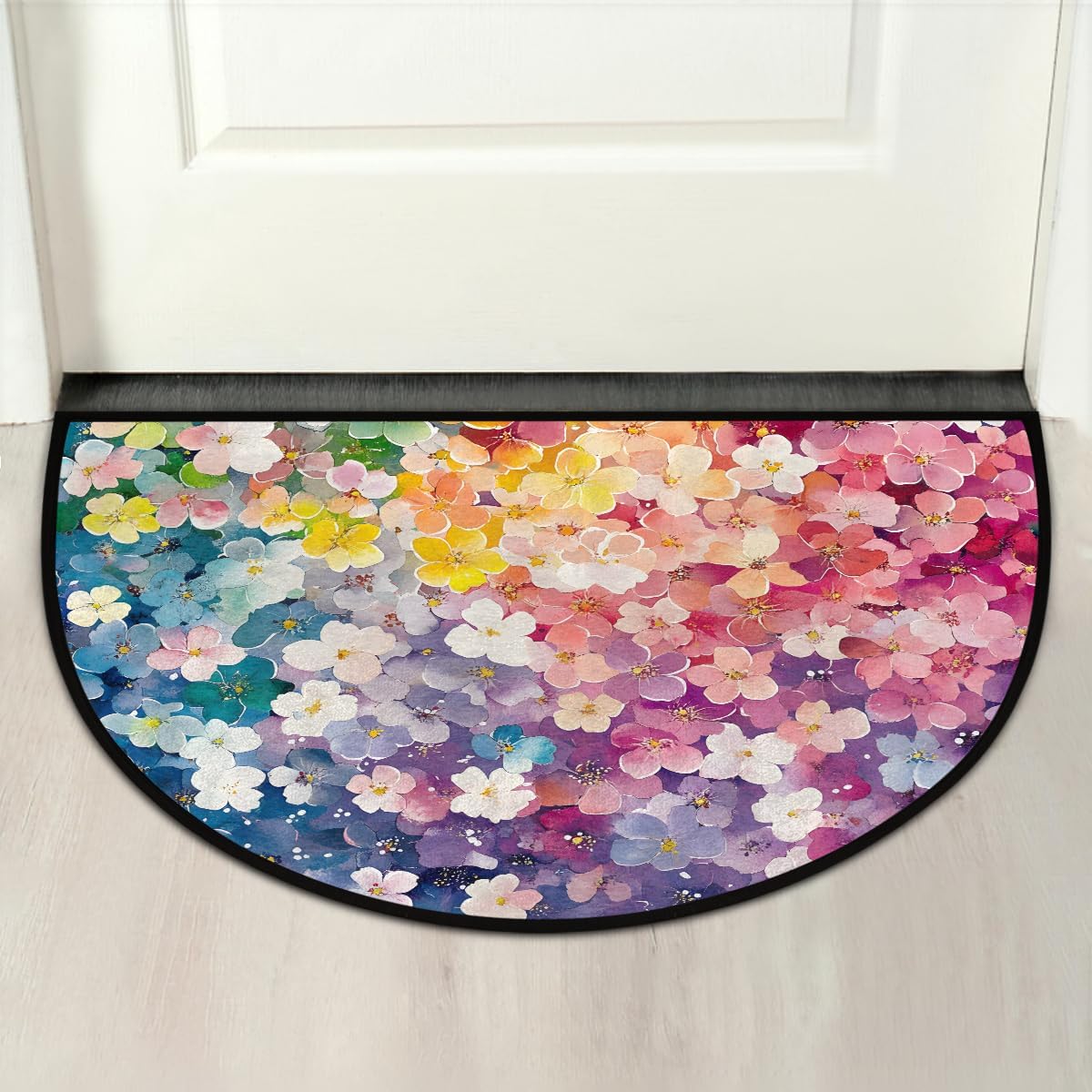 Plum Blossoms Flowers Spring Half Round Door Mat Non Slip Washable Semi Circle Area Rug Absorbent Soft Half Moon Rug Floor Mat for Indoor Outdoor Kitchen Bathroom Patio Front Door Mat Decor