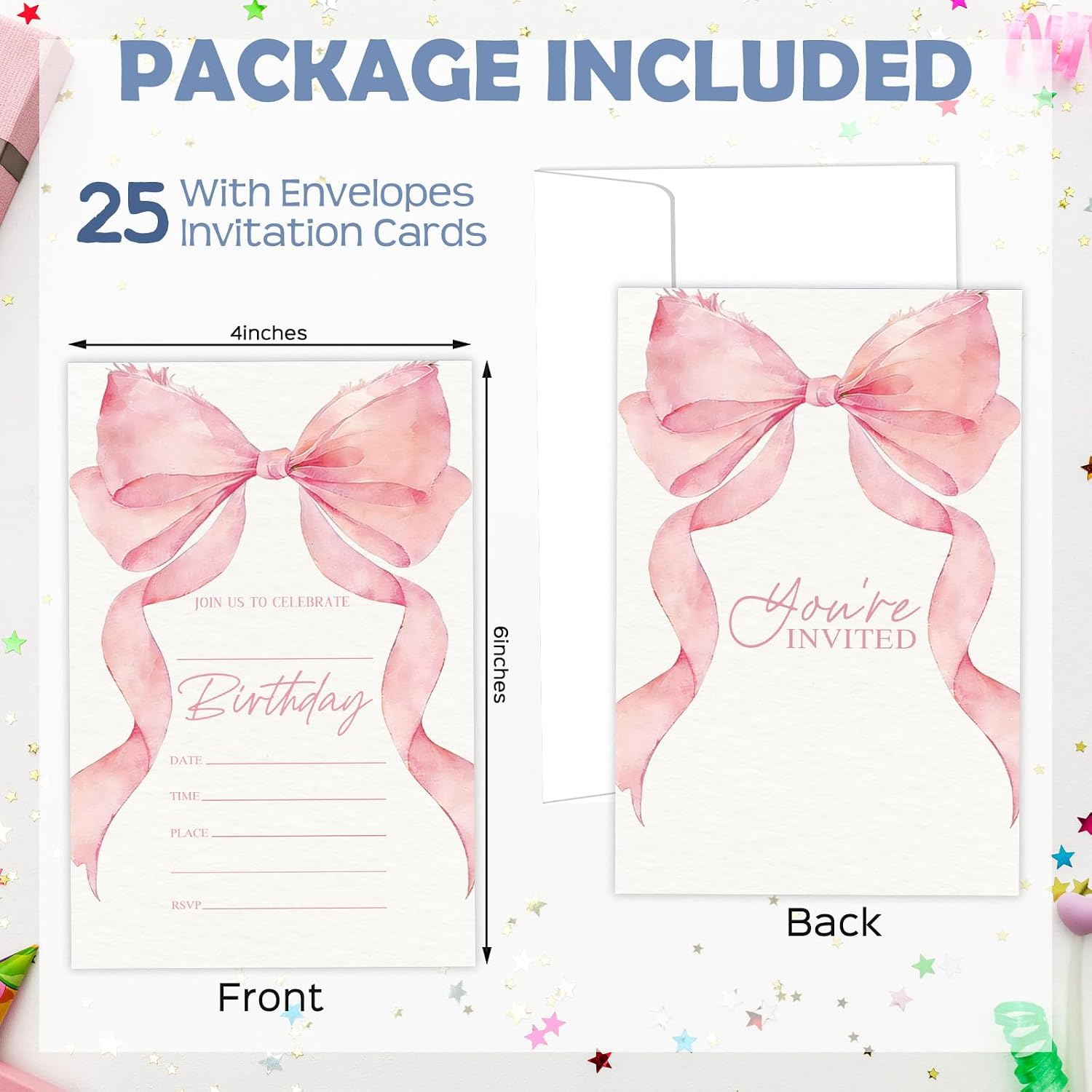 25 Pink Bow Birthday Invitations Cards, Pink Ribbon Bow Fill-in Party Invitations with Envelopes for Girls, Birthday Dinner Party Favor & Decoration (4"x 6") - B04