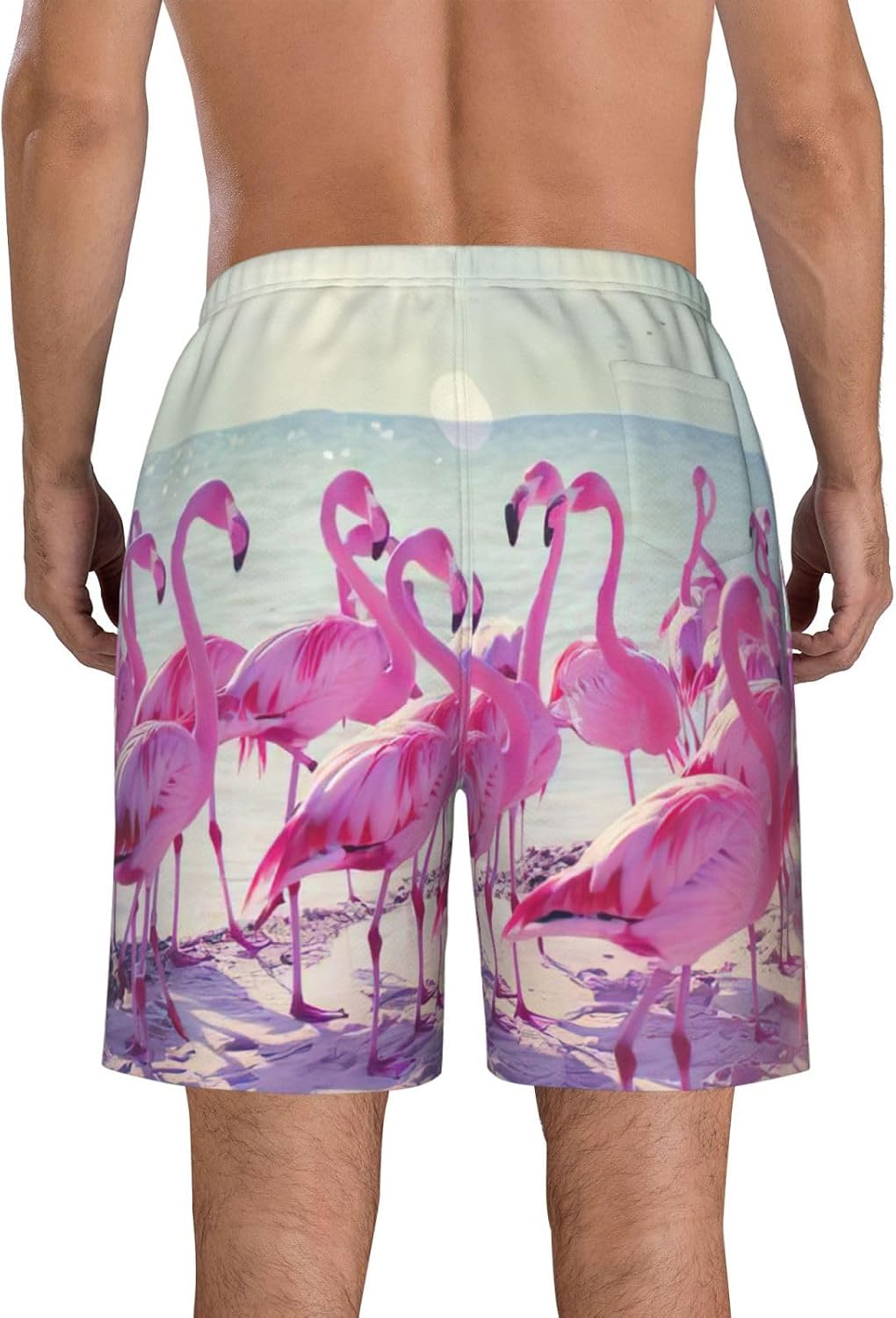 Flock of Red Flamingos on The Beach Print Men's Swim Trunks Quick Dry Beach Shorts with Pockets Lining Swimwear