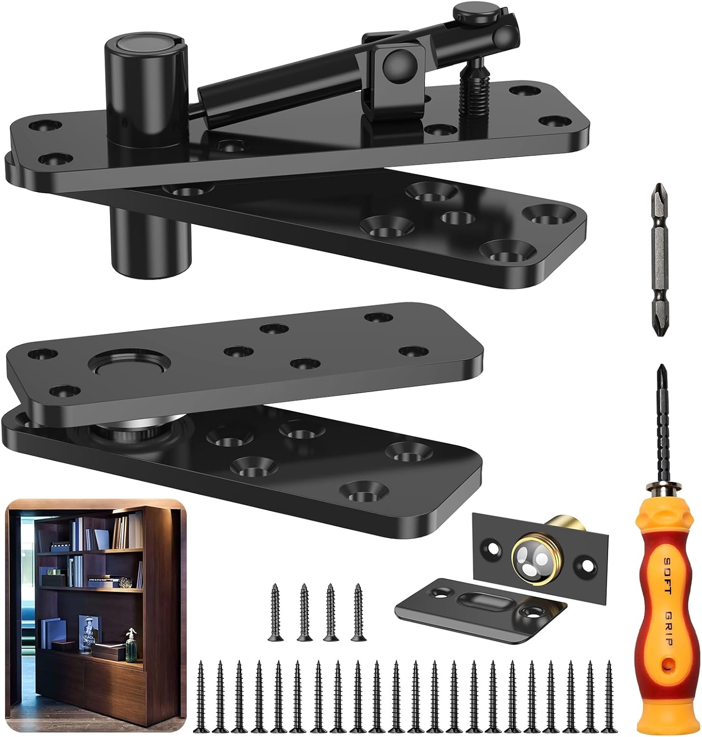 Hidden Door Hinge, 570LBS Load-Bearing Thickened Solid Alloy Steel, 360° Rotation Heavy Duty Pivot Hinge, Swinging Conceal Hinges for Secret Doors, Bookcase, Murphy & Shelf Doors