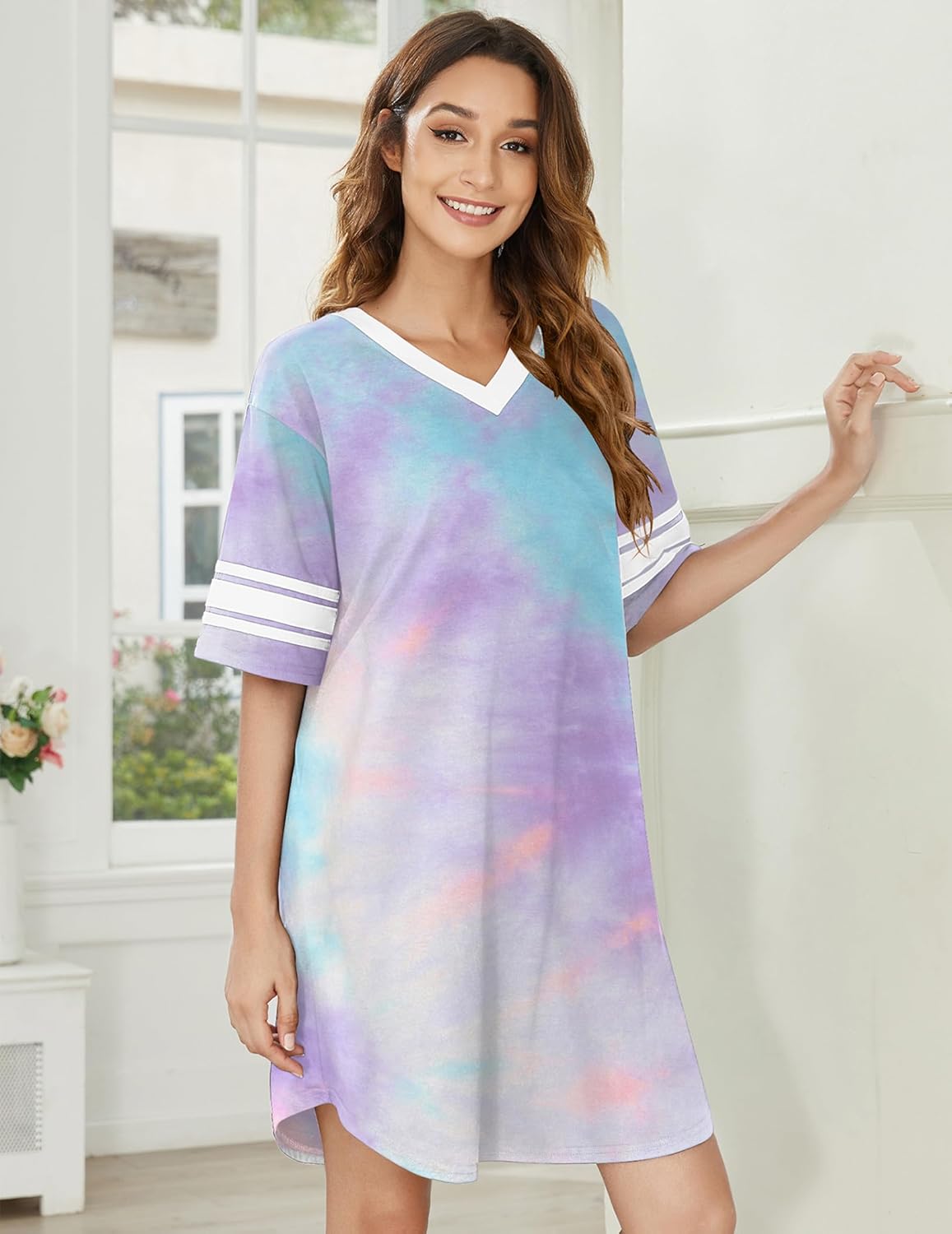 Ekouaer Nightgowns for Women Cotton Night Gown Short Sleeve Sleepwear V Neck Color Block Sleep Shirts Ladies Night Shirts - Image 2