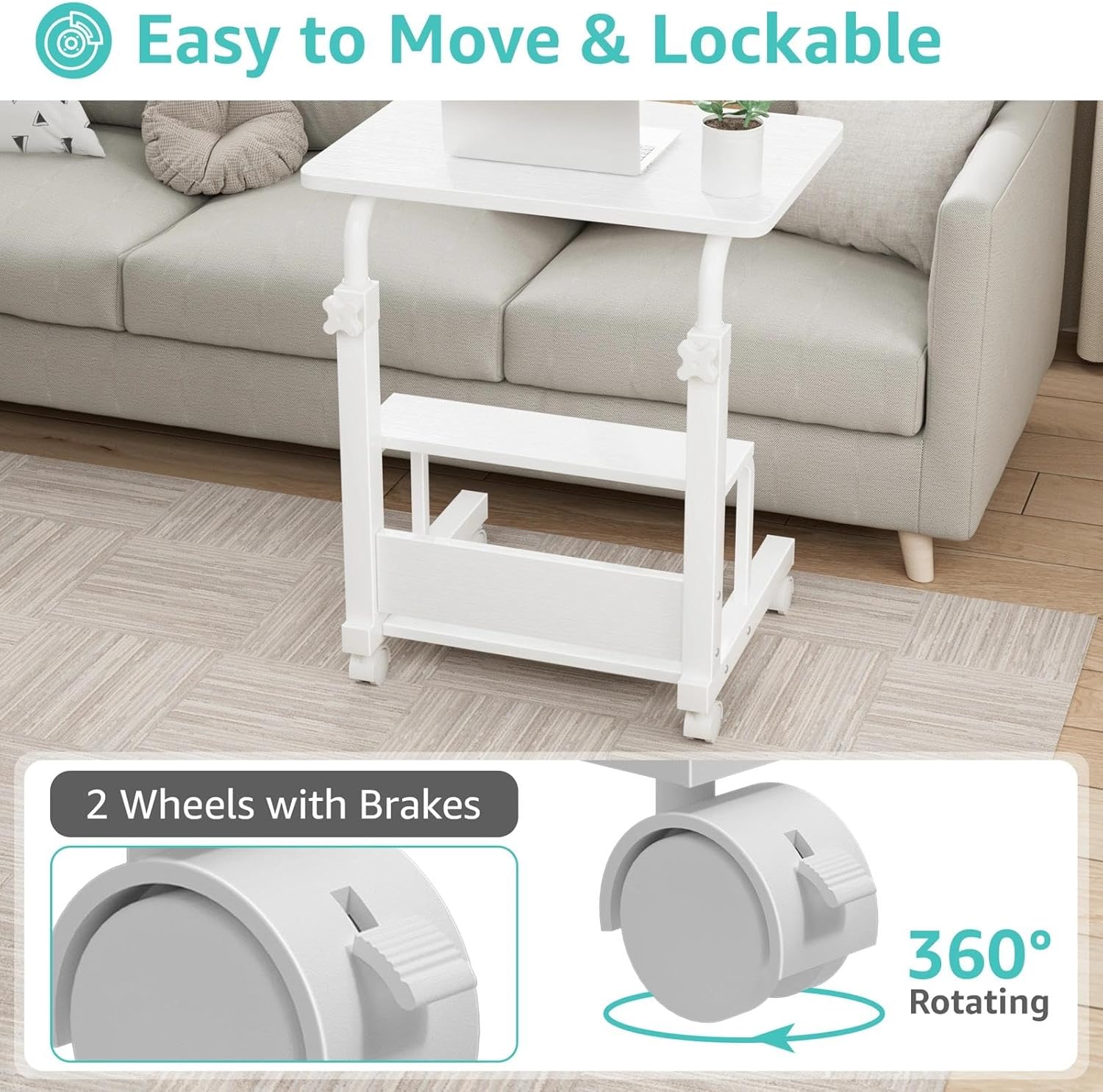Small Bedroom Laptop Rolling Desk - 24" White Mobile Standing Desk with Wheels for Small Spaces, Height Adjustable C Shaped Side Table with 2-Tier Storage Shelves