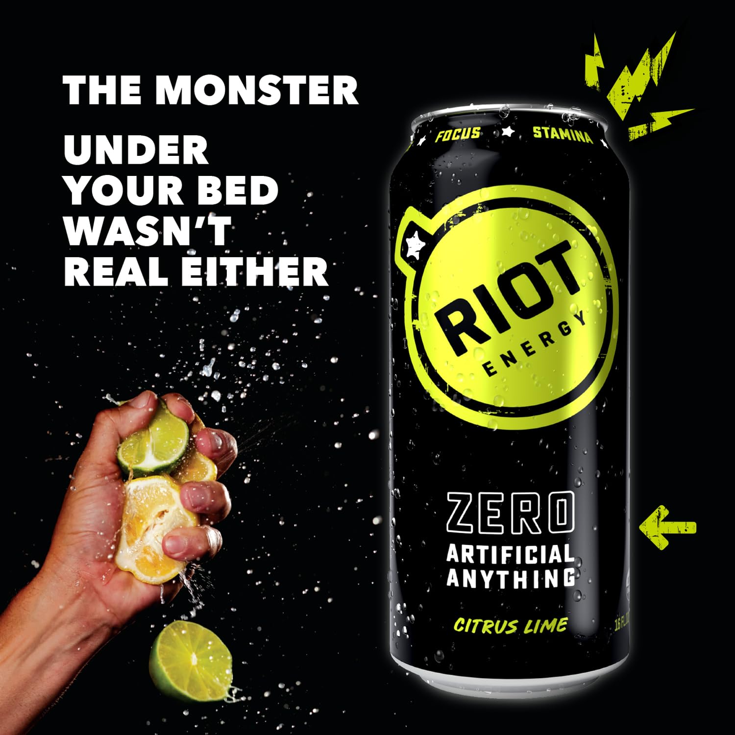 RIOT Clean Energy Drink – No Sucralose, No Sugar Added, No Artificial Flavors | 160mg Natural Caffeine + 100mg L-Theanine | Clean Focus, Stamina & Smooth Energy | 16 Fl Oz (Pack of 12) (Citrus Lime)