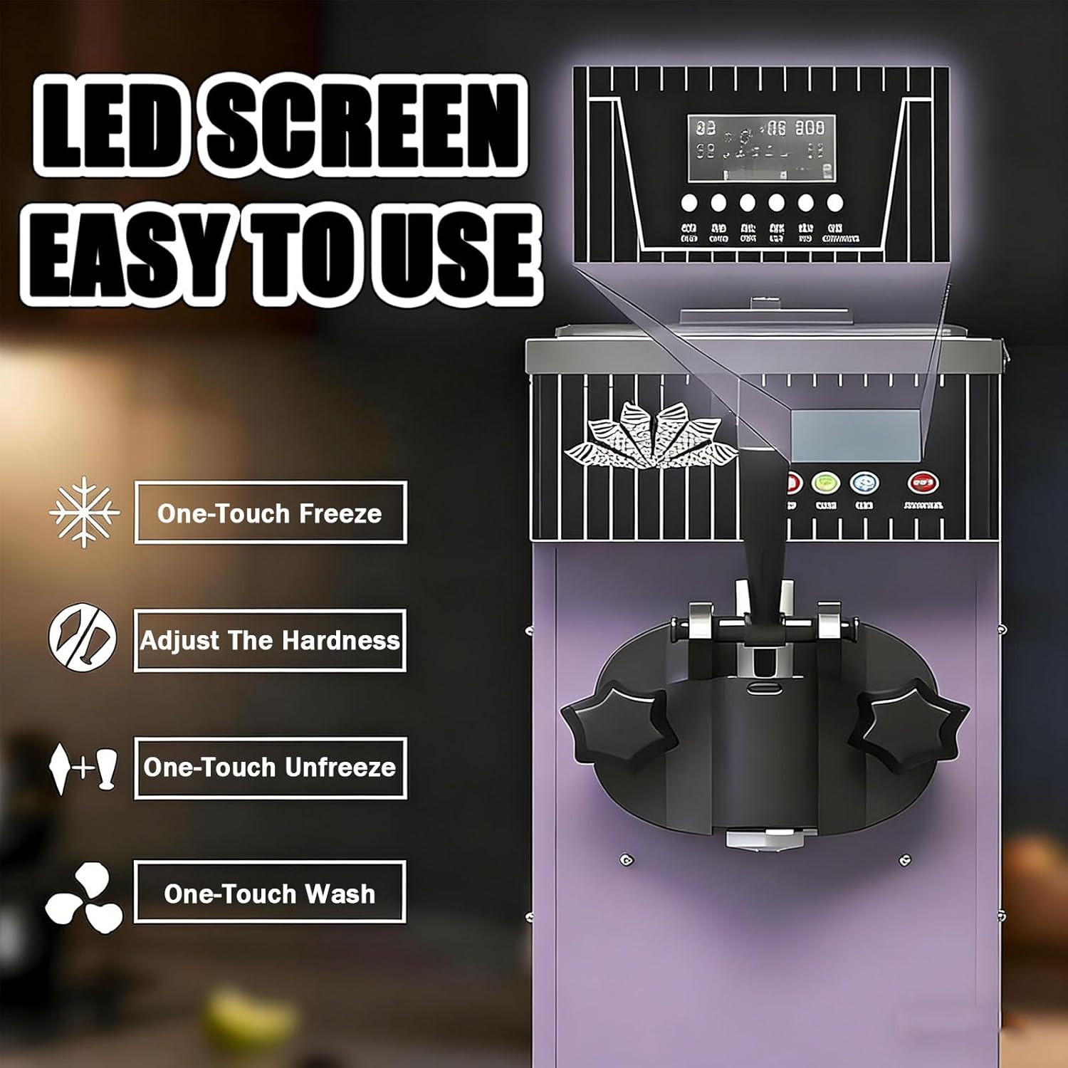 Single Flavor Ice Cream Machine, 4-5kg/H Output, 2.5L Refrigerated Hopper,Freezing Tank, Auto Clean, LCD Panel, 450W Countertop Soft Serve Ice Cream Maker Purple