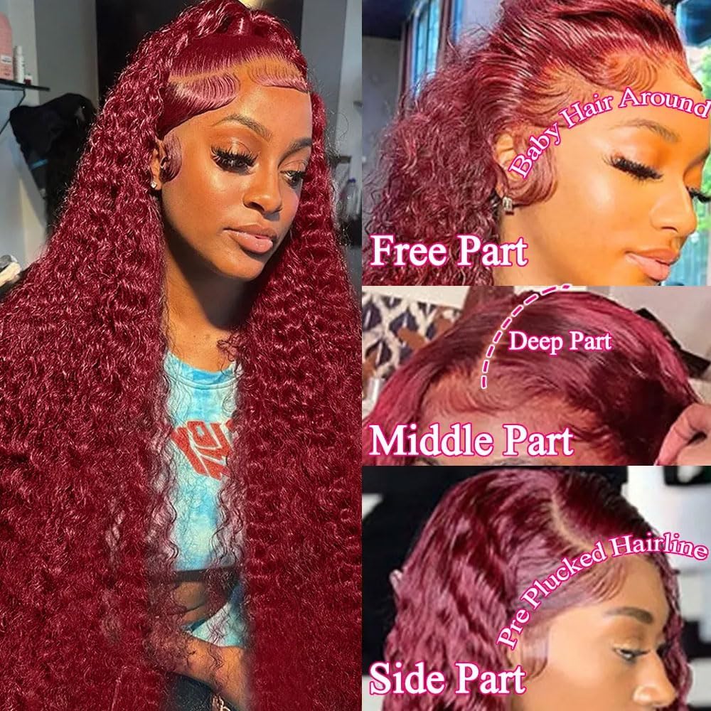 99J Burgundy Red Water Wave Lace Front Wigs Human Hair Wigs for Black Women Glueless 13x4 HD Transparent Colored Deep Wave Curly Lace Frontal Wigs 100% Human Hair Pre Plucked Wet and Wavy 18 Inch