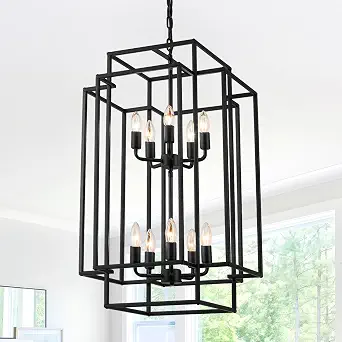 Large Lantern Chandelier for Entryway Foyer, 2-Tier Matte Black Cage Chandelier, 10-Light Hanging Light Fixture for High Ceiling Staircase Living Room