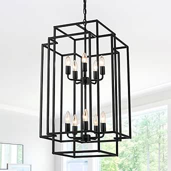 Large Lantern Chandelier for Entryway Foyer, 2-Tier Matte Black Cage Design, 10-Light Hanging Fixture for High Ceilings