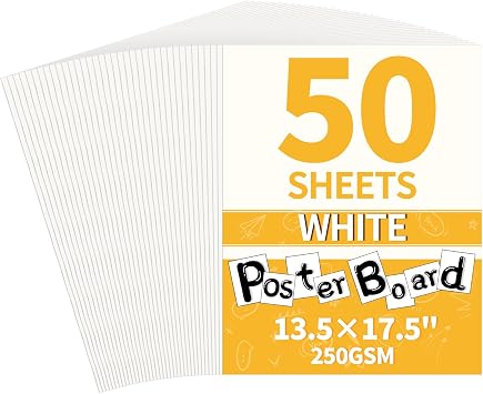 13.5"x17.5" Poster Board, 50 Pack Thick White Poster Board Paper, 250GSM | Heavyweight Bulk Poster Board for School, Classroom Supplies, Display, Art Crafts, Drawing, Presentations, Science Projects