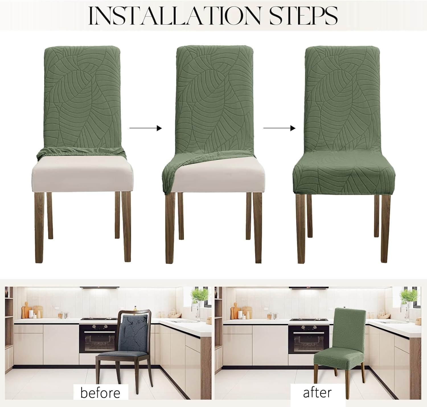 MOSAYT 100% Waterproof Dining Room Chair Covers Set of 6, Super Fit Stretch Jacquard Parson Chairs Slipcovers Removable Washable Chair Seat Protectors for Home, Kitchen, Banquet (Green)