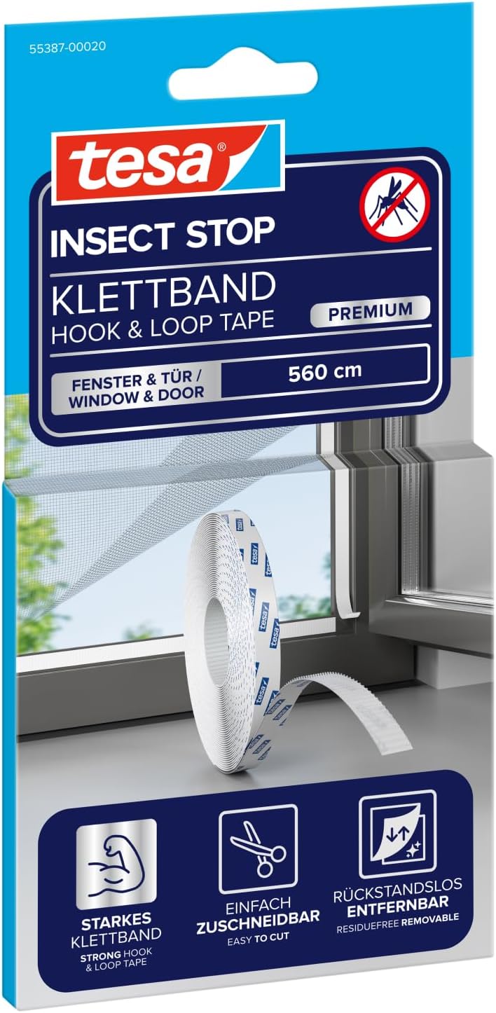 tesa INSECT STOP H&L Tape Premium - hook & loop Replacement Roll For Fly Nets - For drill-free fixation on the window - 1 roll of 560 cm - white