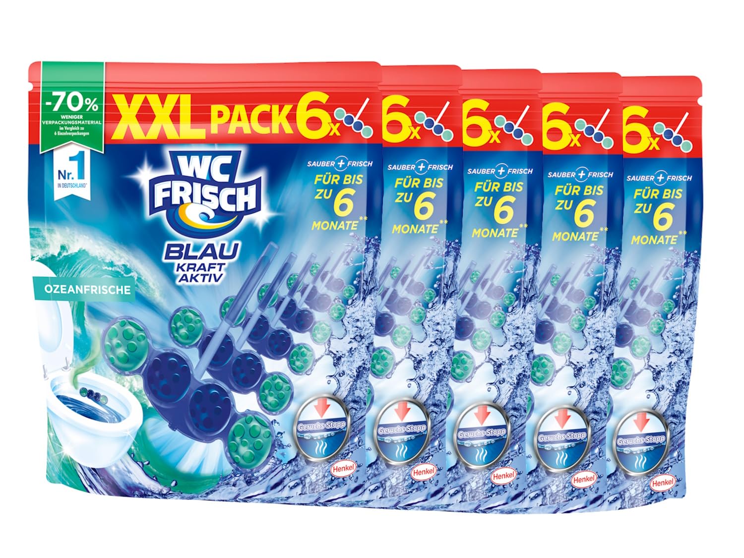 WC, Fresh Kraft Aktiv niebieski płyn do płukania, świeżość oceanu, 5 x (6 x 50 g), środek do czyszczenia WC z innowacyjną formułą zatrzymującą zapachy, kamienie zapachowe zapewniające dodatkową