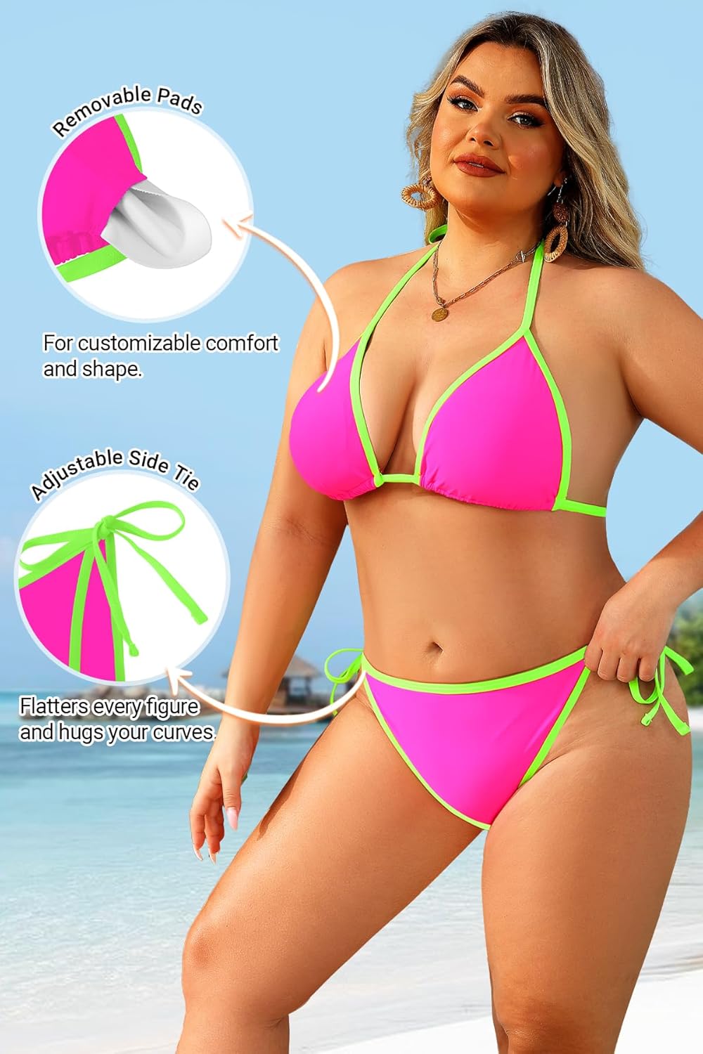 Tempt Me Women String Plus Size Bikini Sets Sexy Triangle Two Piece Halter Swimsuits with Tie Side Bottom Bathing Suit