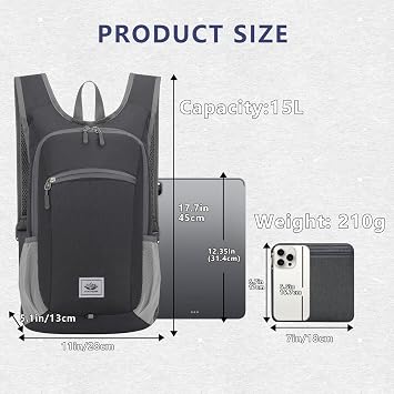 ROEOWENE Sac a Dos Pliable Ultra Leger 15L Petit Sac à Dos de Randonnée Homme Femme Sac à Dos Trekking Voyage Backpack Packable Daypack Travel pour Camping, Randonnée, Cyclisme,Sport-Gris profond