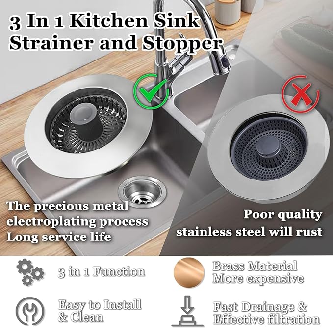 Tapon para Lavabo de Cocina 3 en 1, Colador de Fregadero, Laton Plateado miniatura 4