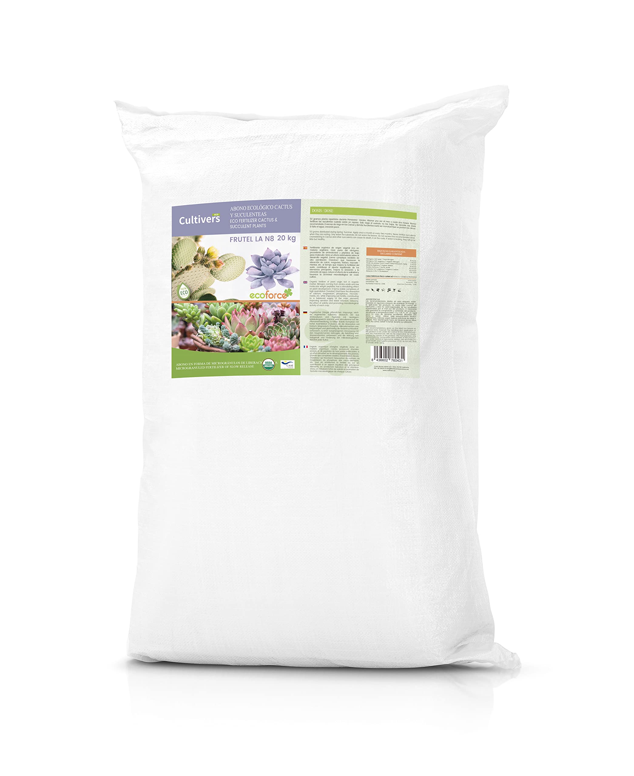 CULTIVERS Abono Cactus Plantas Crasas y Suculentas Ecológico de 20 Kg. Fertilizante de liberación Lenta Origen 100% Orgánico