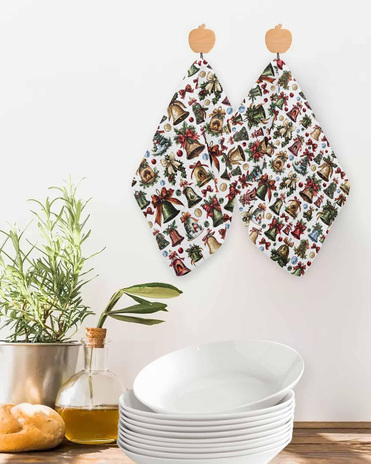 Hokiten Christmas Bells Waffle Kitchen Towels Dishcloths, Xmas Snowflake Snowman Botanical Absorbent Dish Towels | Hand Towels for Bathroom/Bar, 12 x 12 Inch, 3 Pcs