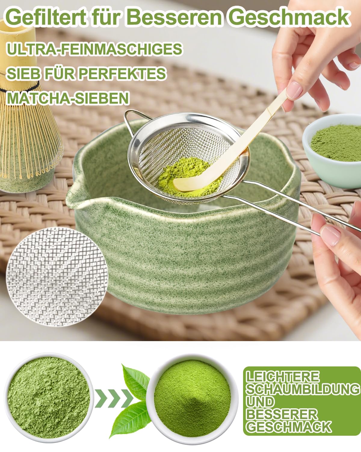 Matcha Set Aus Bambus - 7-teiliges Set Mit Schale, Besen Und Sieb Für Perfekten Matcha