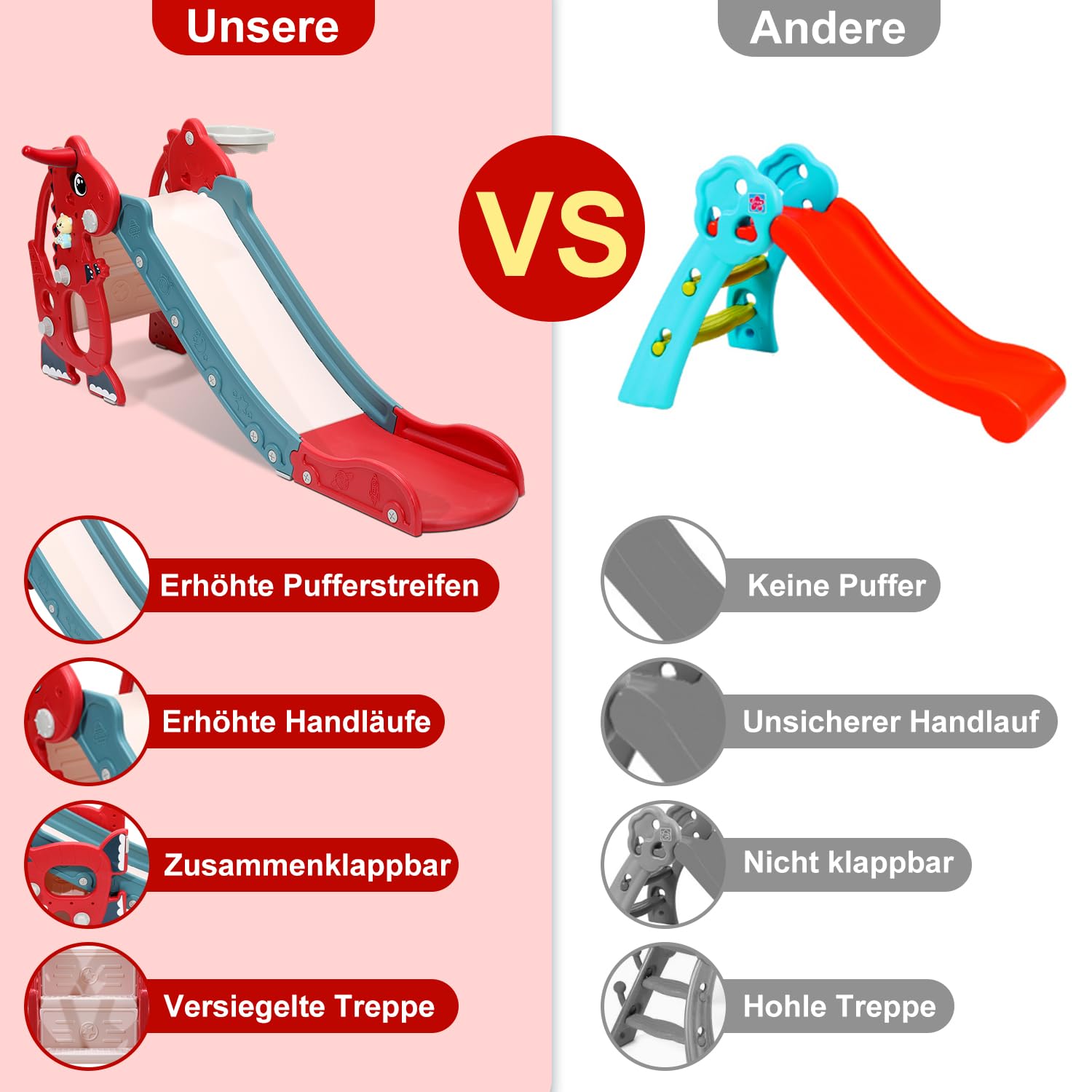 Daromigo Zjeżdżalnia dziecięca, zjeżdżalnia 4 w 1, zabawna zjeżdżalnia dla dzieci z angielskim urządzeniem do wczesnej edukacji i koszem do koszykówki, zjeżdżalnia dla dzieci w wieku 1-3 lat