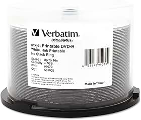 Verbatim DVD-R 4,7 GB 16X Aqua Ace branco brilhante jato de tinta superfície impressível, Hub impresso - 50 pk Spindle, 16 unidades de cubo imprimível, Branco