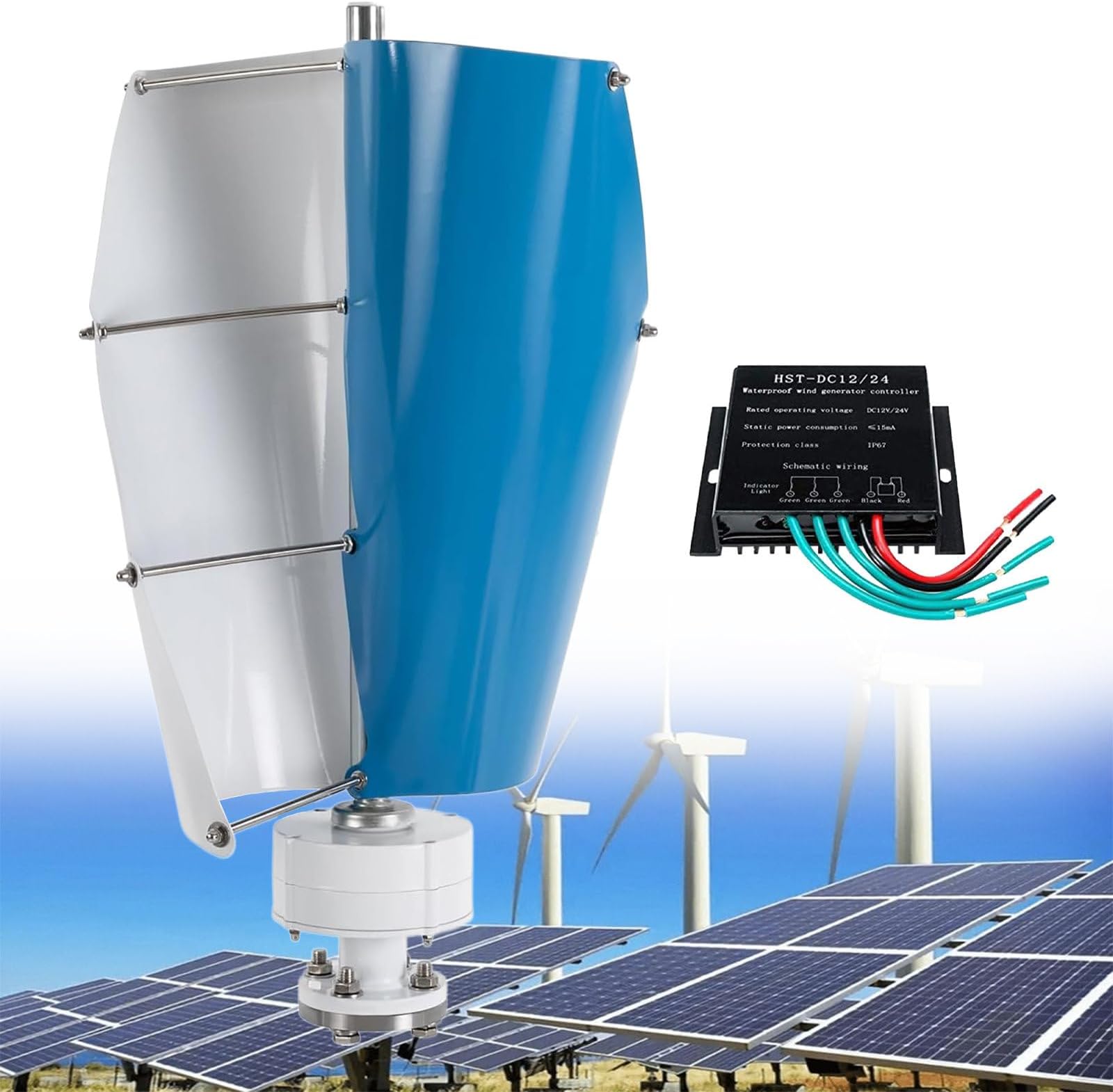 12000W Wind Turbine Magnetic Levitation Wind Generator 12V 24V 48V with Controller, Vertical Wind Turbine Generator Kit for Boat,Blue-12V