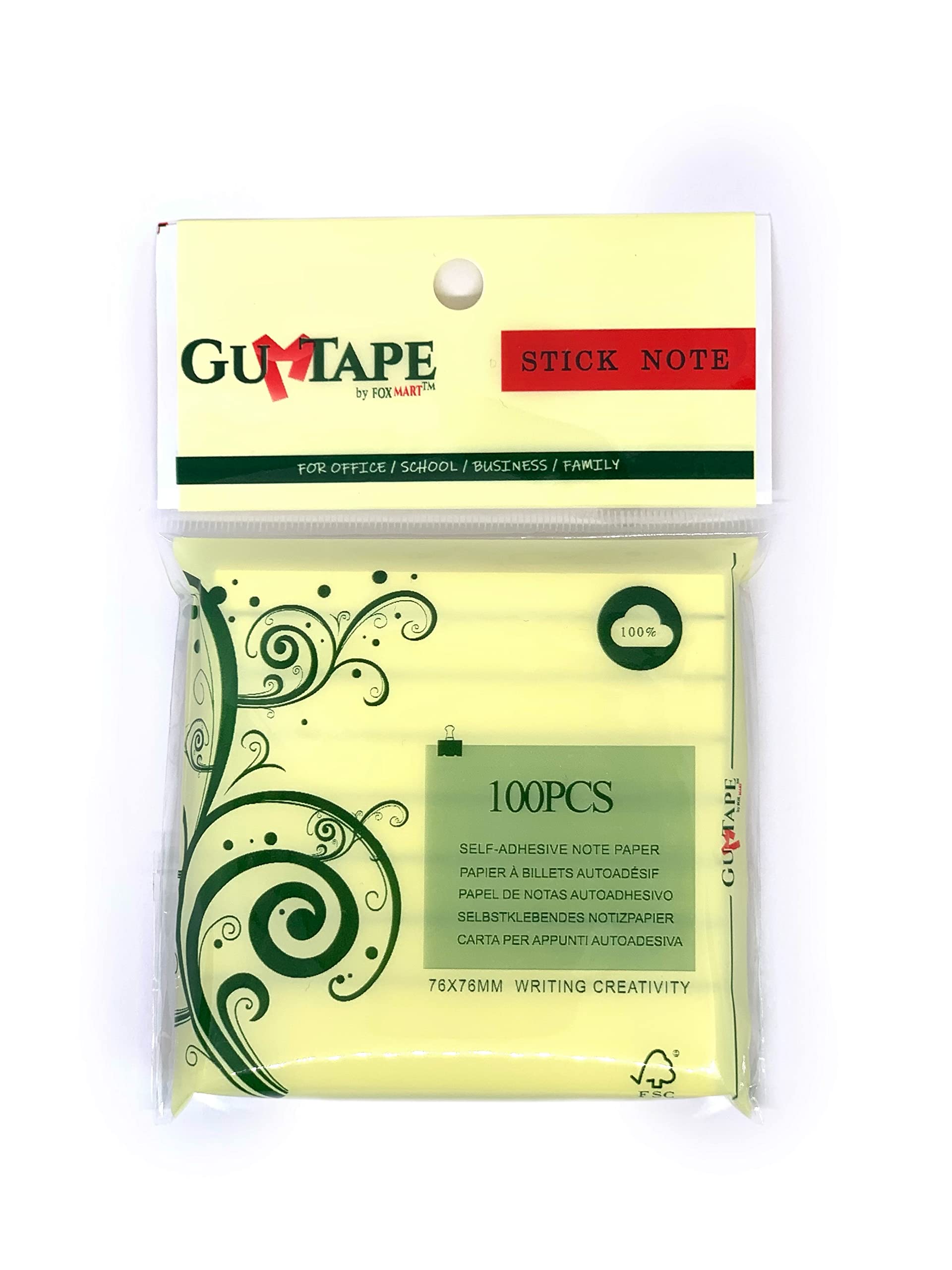 GUMTAPE Lined Sticky Notes 76 mm x 76mm, 4 Pads of 100 Sheets/Pad - Image 4