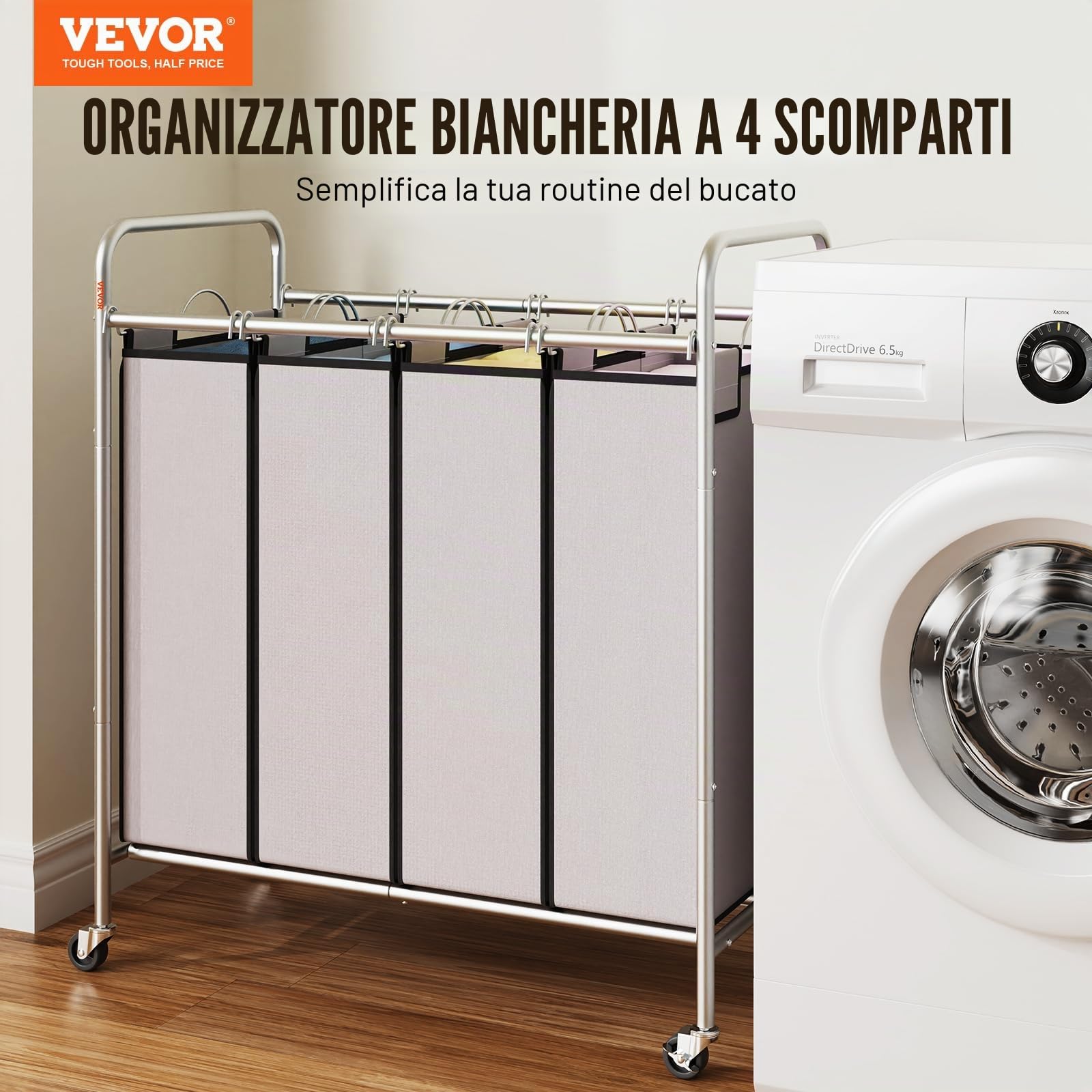 VEVOR Carrello Portabiancheria a 4 Sezioni, 765x406x865 mm Cesta Porta Biancheria con 4 Sacchi Rimovibili Tessuto Oxford, Portabiancheria Mobile in Ferro con Ruote in Gomma Carico 20KG per Lavanderia