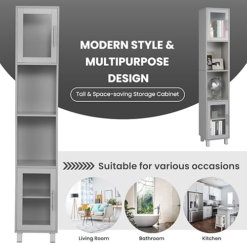 Miniatura 9 de Tangkula Armario alto de baño, armario de almacenamiento de madera para sala de estar, con 4 estantes y 2 puertas con paneles de vidrio, adecuado