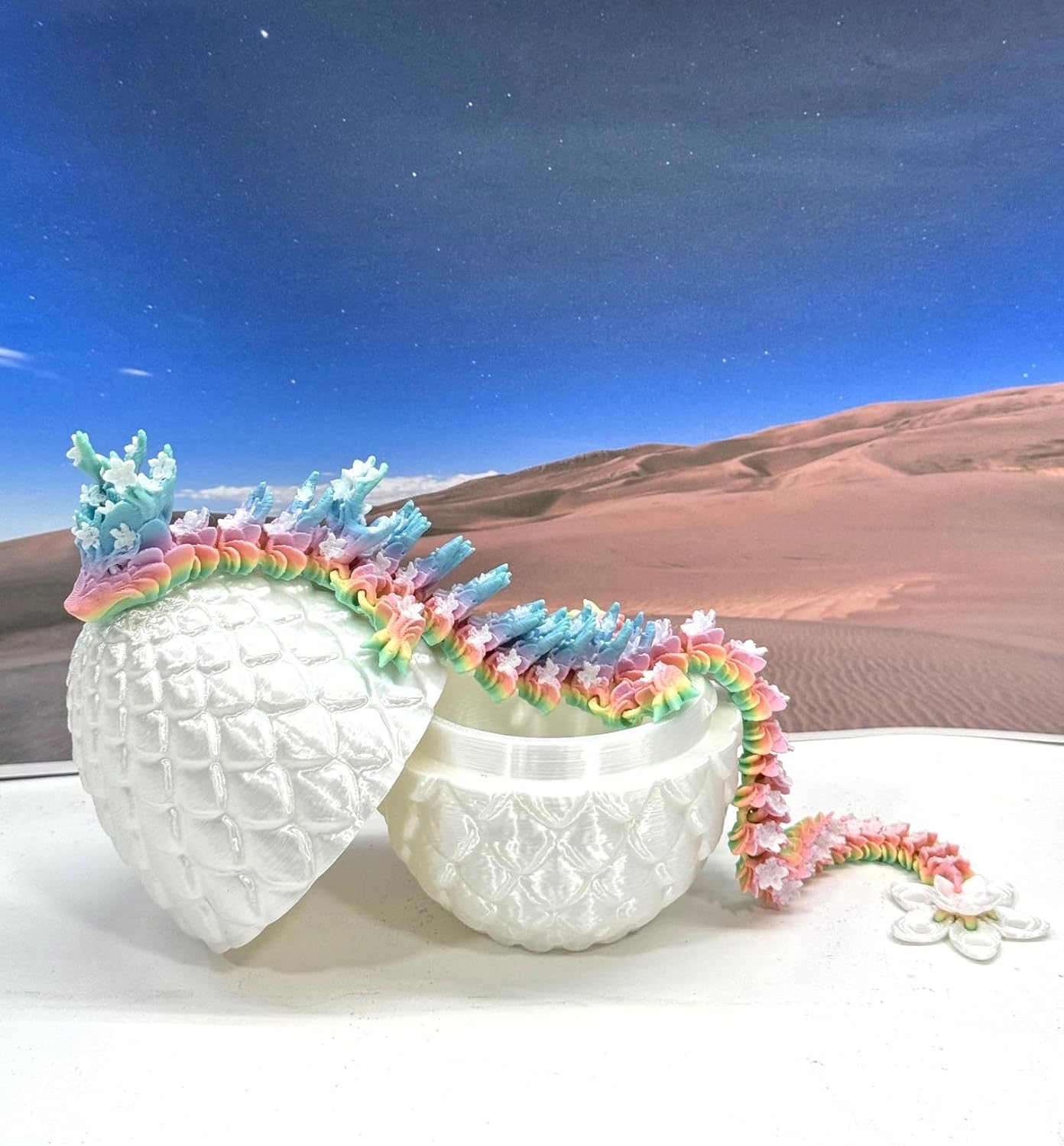 3D Printed Dragon with Dragon Egg, 12" Rainbow Cherry Blossom, Fidget ADHD Autism Toy, Executive Desk Toy D060-WE