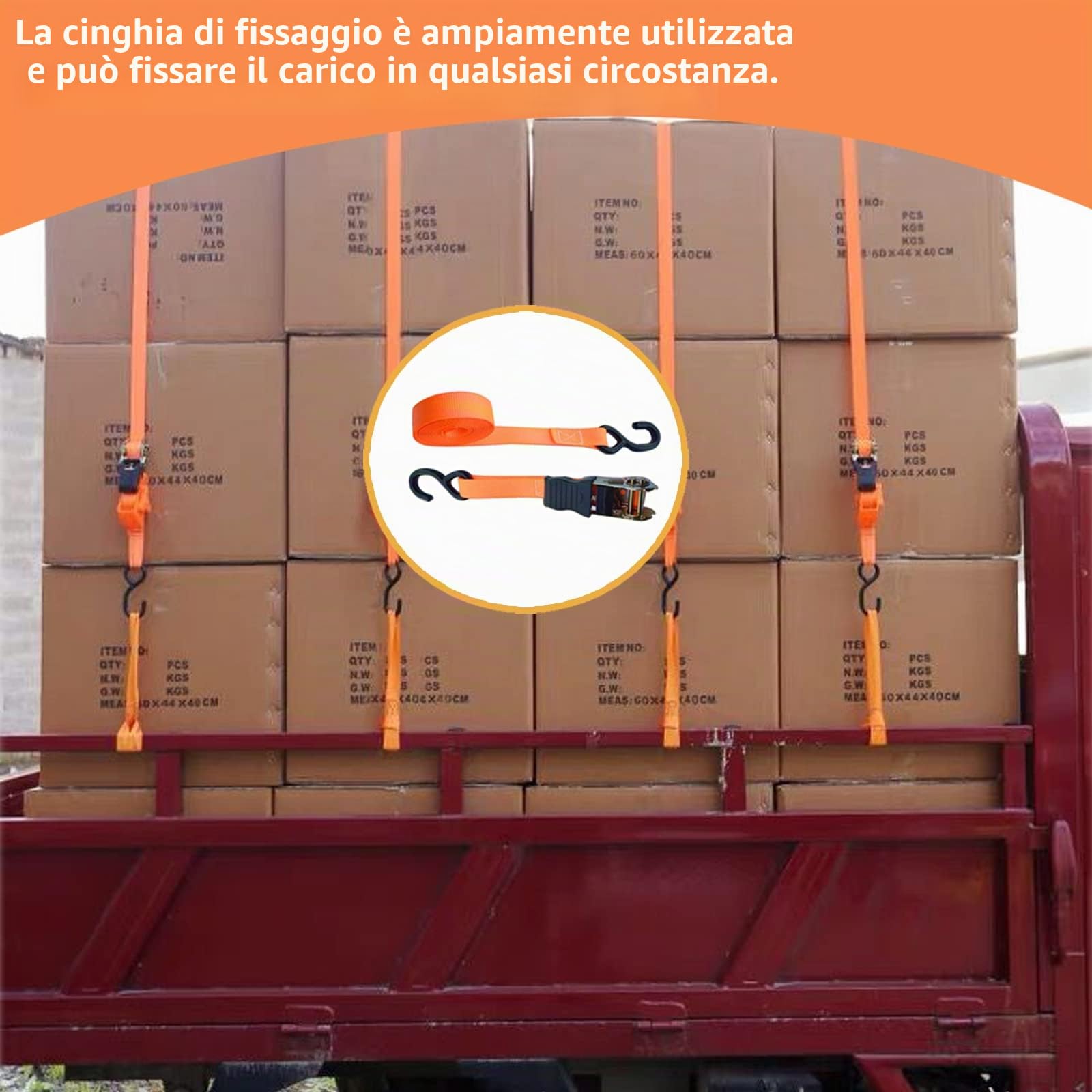 4 x 800 kg 5 m Cinghie di Serraggio con Cricchetto, Cinghie di Fissaggio Ancoraggio con Chiusura a Morsetto Arancione Cinghia a Cricchetto per il Trasporto