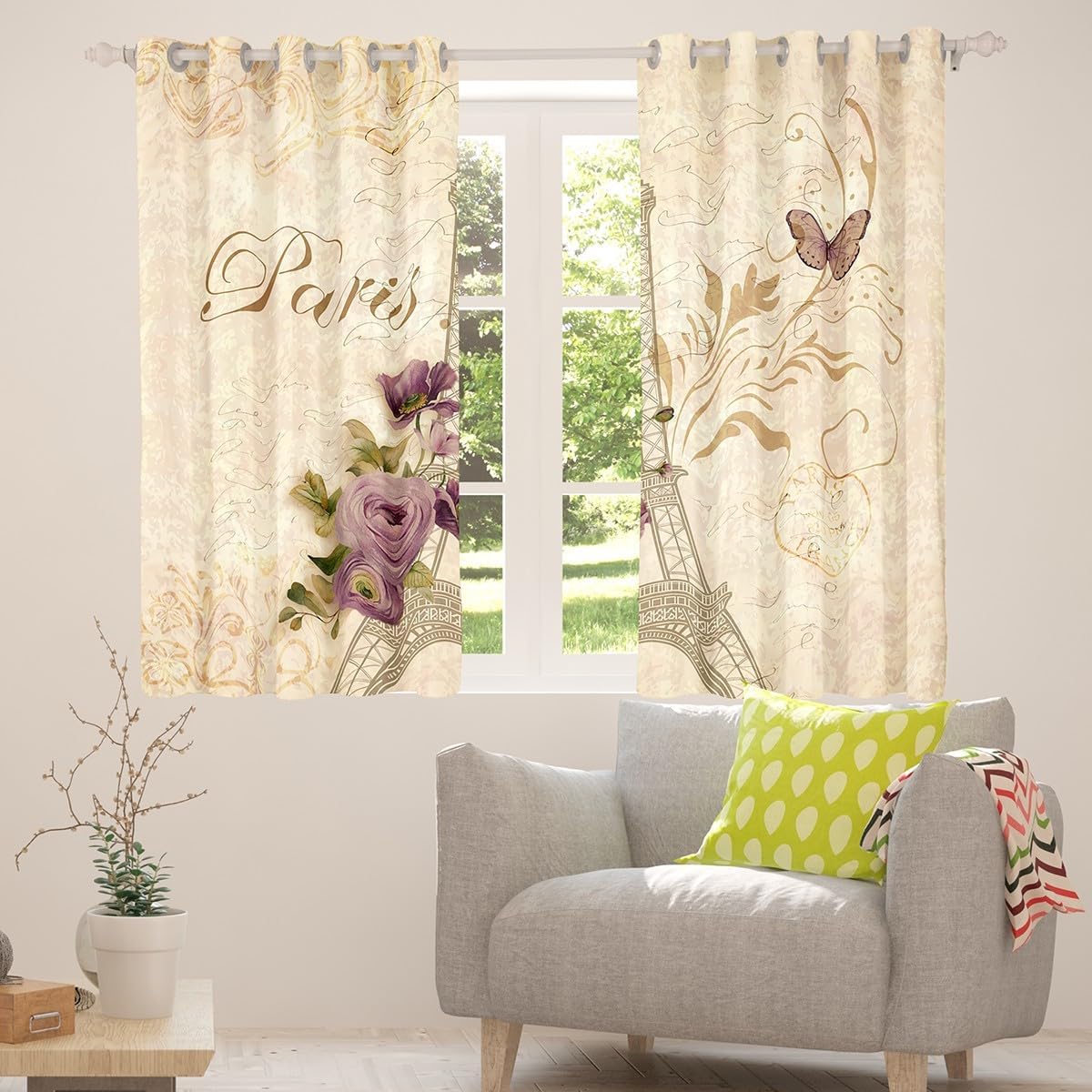 Eiffel Tower Window Curtains,Purple Rose Curtain,Romantic Paris Window Drapes for Kids Teens Boys Young Man,Modern Bedroom Decorative,Retro Style Curtain,38Wx45L